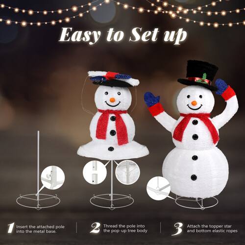 Easy to Set up

1. Insert the attached pole into the metal base.
2. Thread the pole into the pop-up tree body.
3. Attach the topper star and bottom elastic ropes.