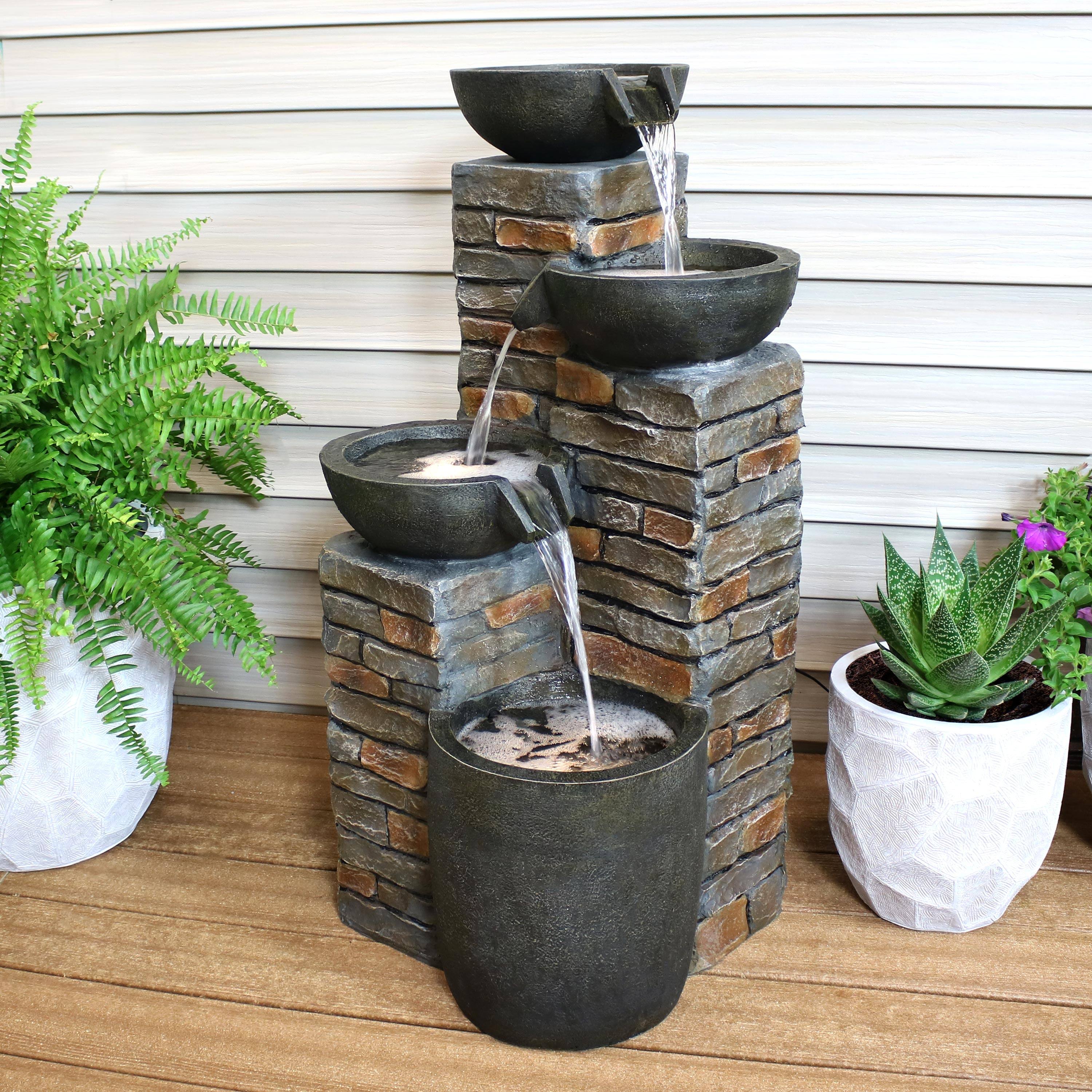 Alt View 3. Sunnydaze - Staggered Bowls Tiered Water Fountain with LED Lights - 34 in - Brown.