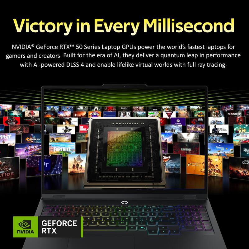 Victory in Every Millisecond

NVIDIA® GeForce RTX™ 50 Series Laptop GPUs power the world's fastest laptops for gamers and creators. Built for the era of AI, they deliver a quantum leap in performance with AI-powered DLSS 4 and enable lifelike virtual worlds with full ray tracing.

- FUSION
- AEA Blender
- 1OS ERAD
- DESORDRE
- SANT
- PM blender
- THE IALS
- UTONDANT
- TIDE
- FORTNITE
- AWS
- ALAN WAKE
- STILL D
- CLA

GEFORCE NVIDIA RTX