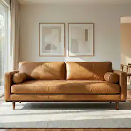 Simpli Home - Morrison 89 inch Wide Mid-Century Modern Sofa in Sienna Top Grain Genuine Leather - Sienna