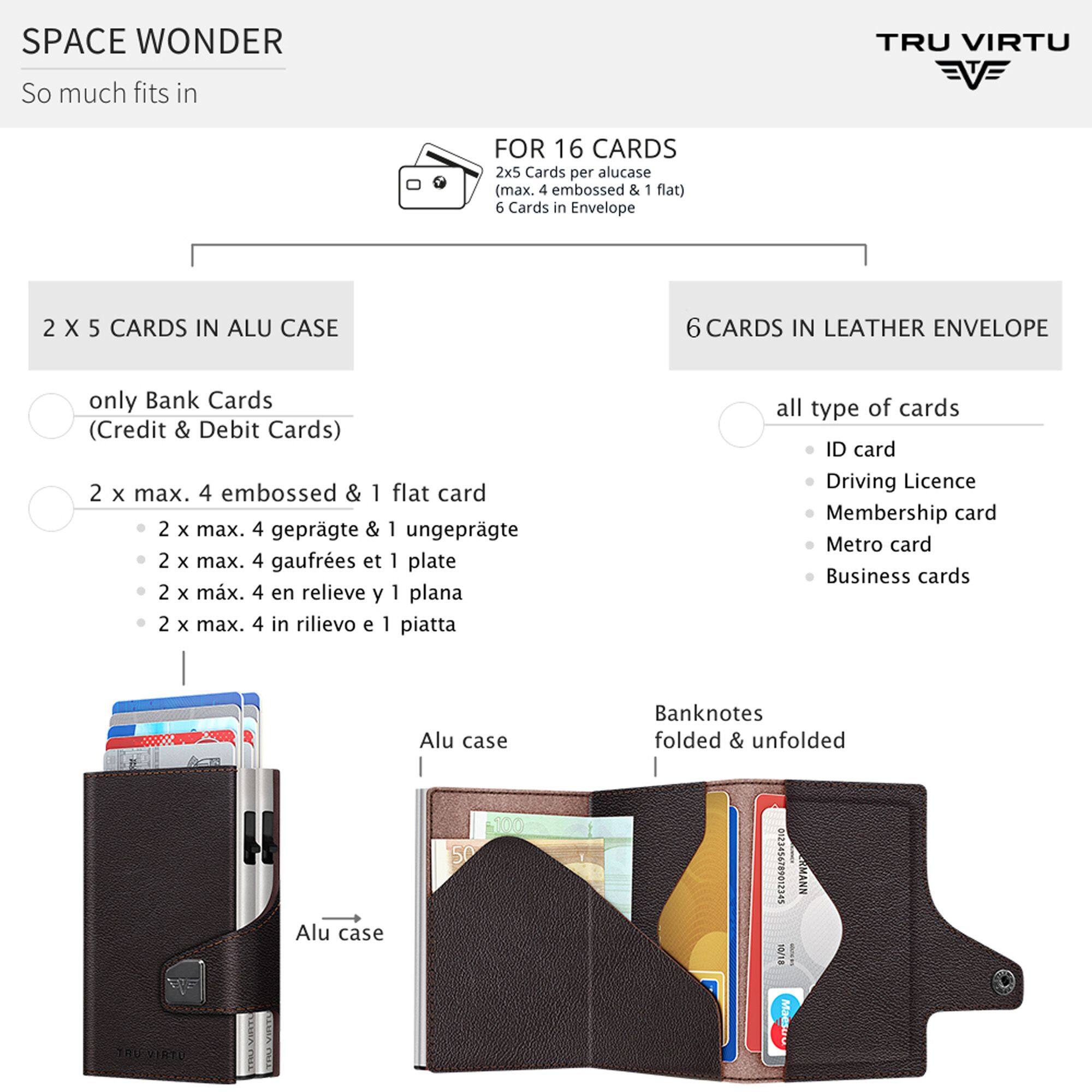 SPACE WONDER  
TRU VIRTU  
So much fits in  

FOR 16 CARDS  
2x5 Cards per alucase (max. 4 embossed & 1 flat)  
6 Cards in Envelope  

2 X 5 CARDS IN ALU CASE  
only Bank Cards (Credit & Debit Cards)  
2 x max. 4 embossed & 1 flat card  
2 x max. 4 gepräge & 1 ungepräge  
2 x max. 4 gaufriés et 1 plate  
2 x max. 4 en relieve y 1 plana  
2 x max. 4 in rilievo e 1 piatta  

6 CARDS IN LEATHER ENVELOPE  
all type of cards  
ID card  
Driving Licence  
Membership card  
Metro card  
Business cards  

Alu case  
Alu case 100 50  
Banknotes folded & unfolded  

OREZI06879542210  
RMANN 10/18  
Maestro