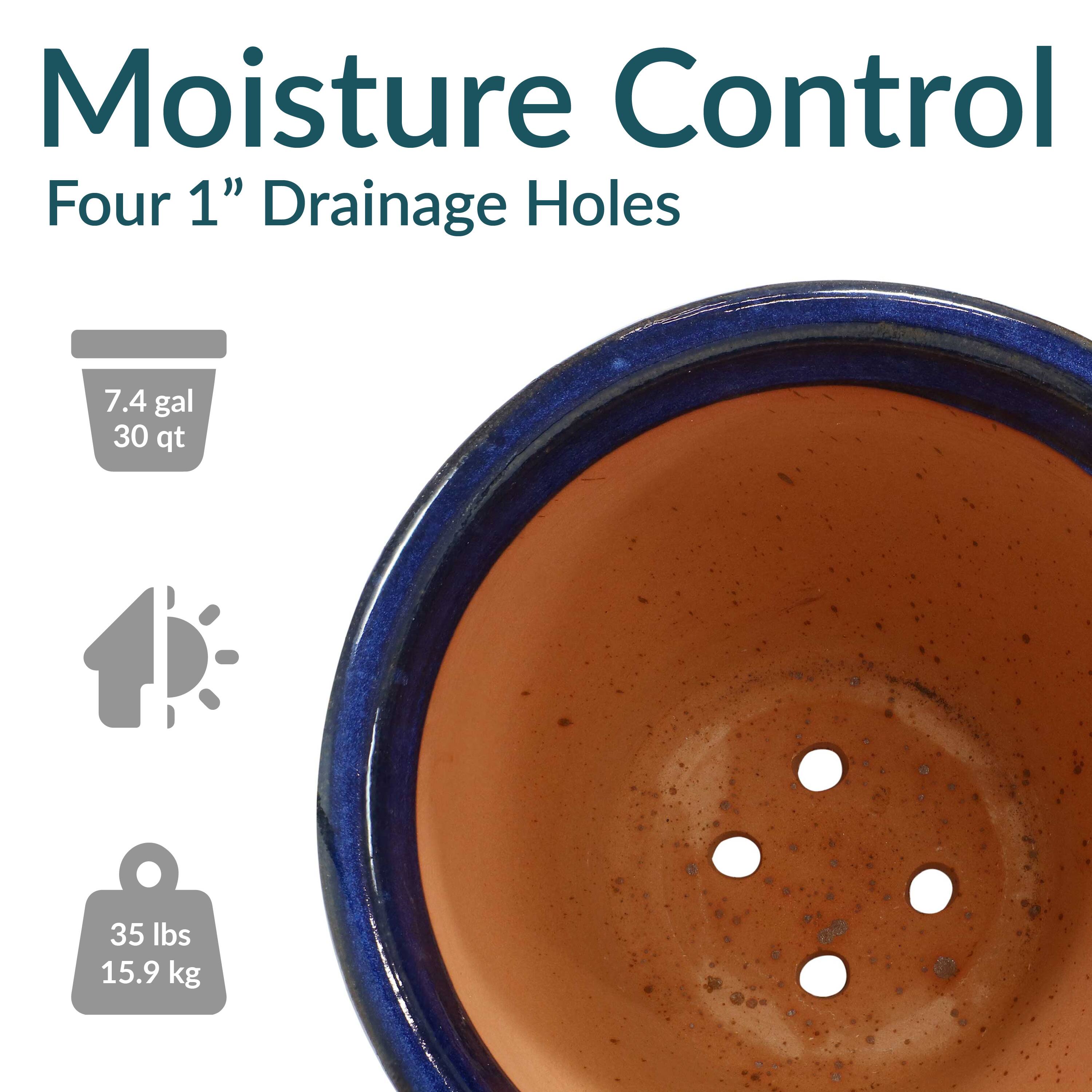 Moisture Control  
Four 1" Drainage Holes  

7.4 gal  
30 qt  

35 lbs  
15.9 kg