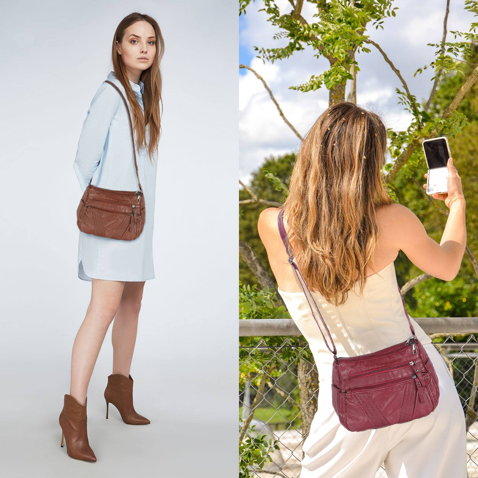 Alt View 4. Unique Bargains - Crossbody Bags for Women PU Leather Multi Pocket with Adjustable Straps Women's Shoulder Sling Handbags Soft Purse - Dark Brown.