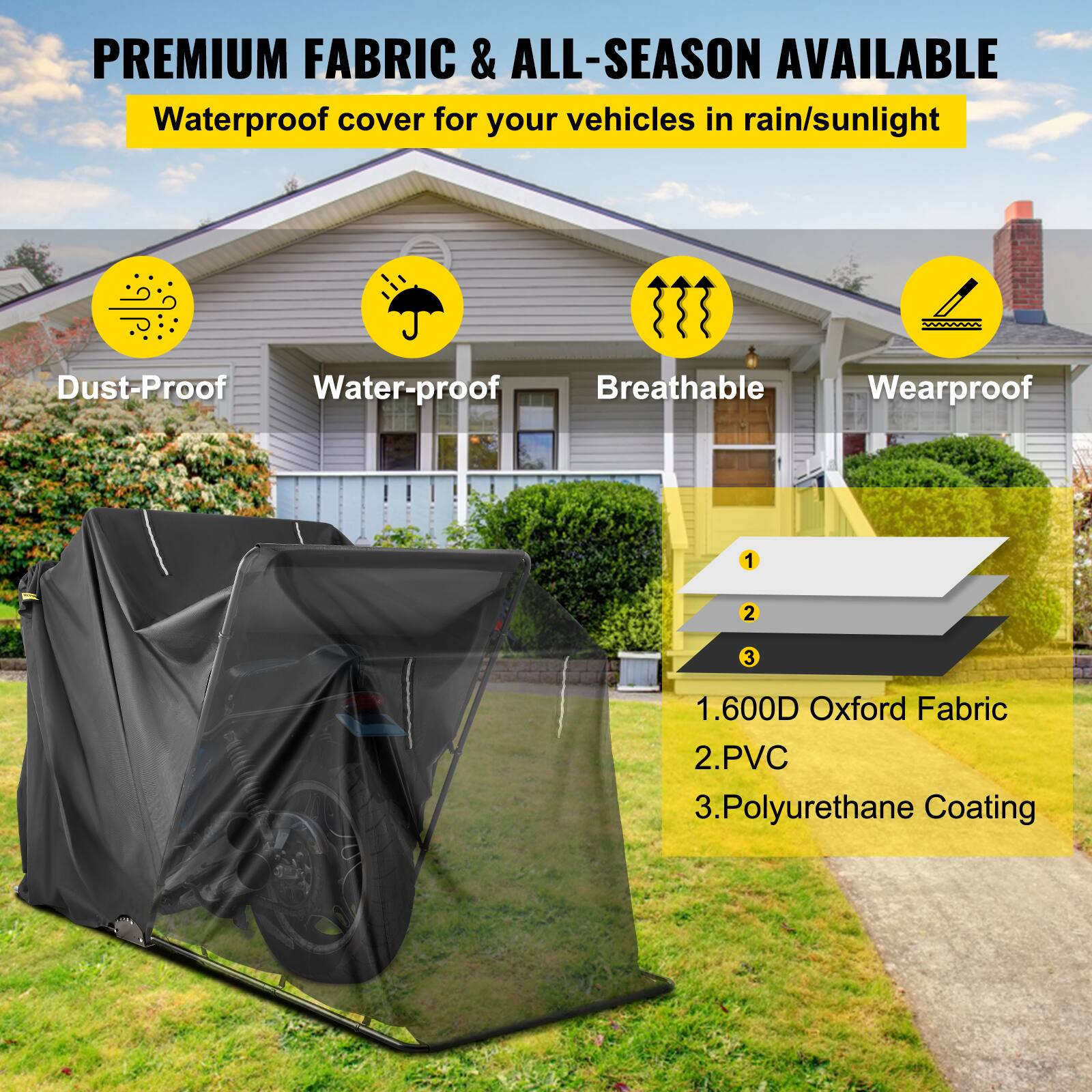 PREMIUM FABRIC & ALL-SEASON AVAILABLE
Waterproof cover for your vehicles in rain/sunlight
Dust-Proof
Water-proof
Breathable
Wearproof
1. 1.600D Oxford Fabric
2. PVC
3. Polyurethane Coating