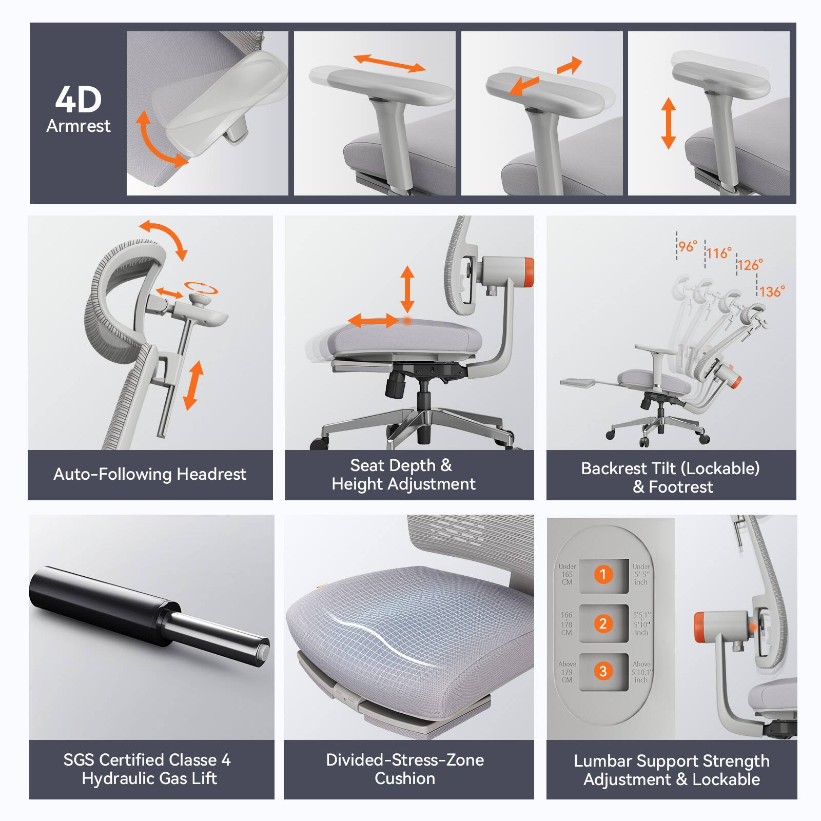 4D Armrest:

1. Auto-Following Headrest
2. Seat Depth & Height Adjustment
3. Backrest Tilt (Lockable) & Footrest

Under 16 CM:
1. Seat Depth & Height Adjustment
2. Backrest Tilt (Lockable) & Footrest

179 CM:
1. Seat Depth & Height Adjustment
2. Backrest Tilt (Lockable) & Footrest

SGS Certified Class 4:
1. Hydraulic Gas Lift
2. Divided-Stress-Zone Cushion
3. Lumbar Support
4. Strength Adjustment & Lockable