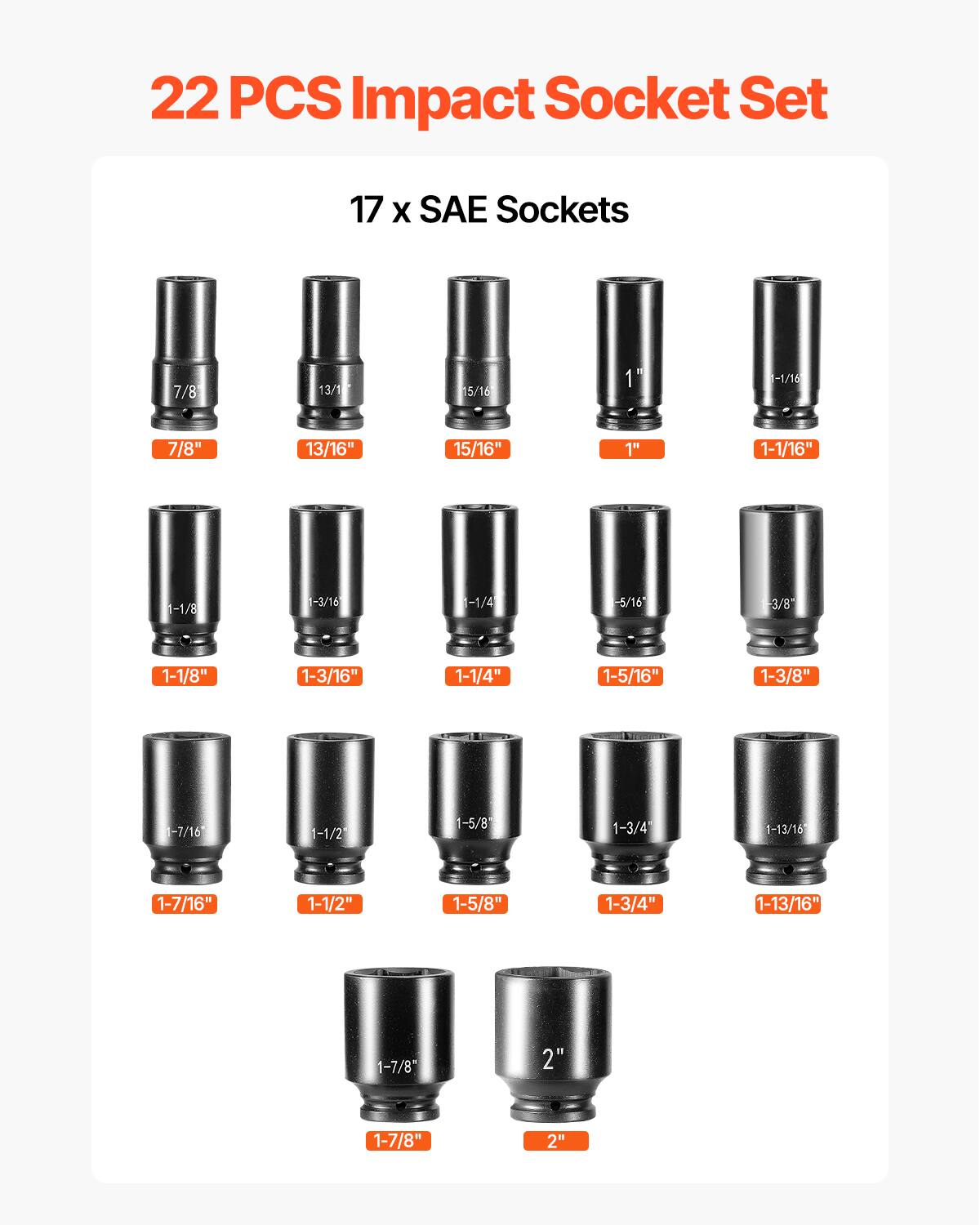 22 PCS Impact Socket Set

17 x SAE Sockets

- 7/8"
- 13/16"
- 15/16"
- 1"
- 1-1/16"
- 1-1/8"
- 1-3/16"
- 1-1/4"
- 1-5/16"
- 1-3/8"
- 1-7/16"
- 1-1/2"
- 1-5/8"
- 1-3/4"
- 1-13/16"
- 1-7/8"
- 2"
- 1-7/8"
- 2"