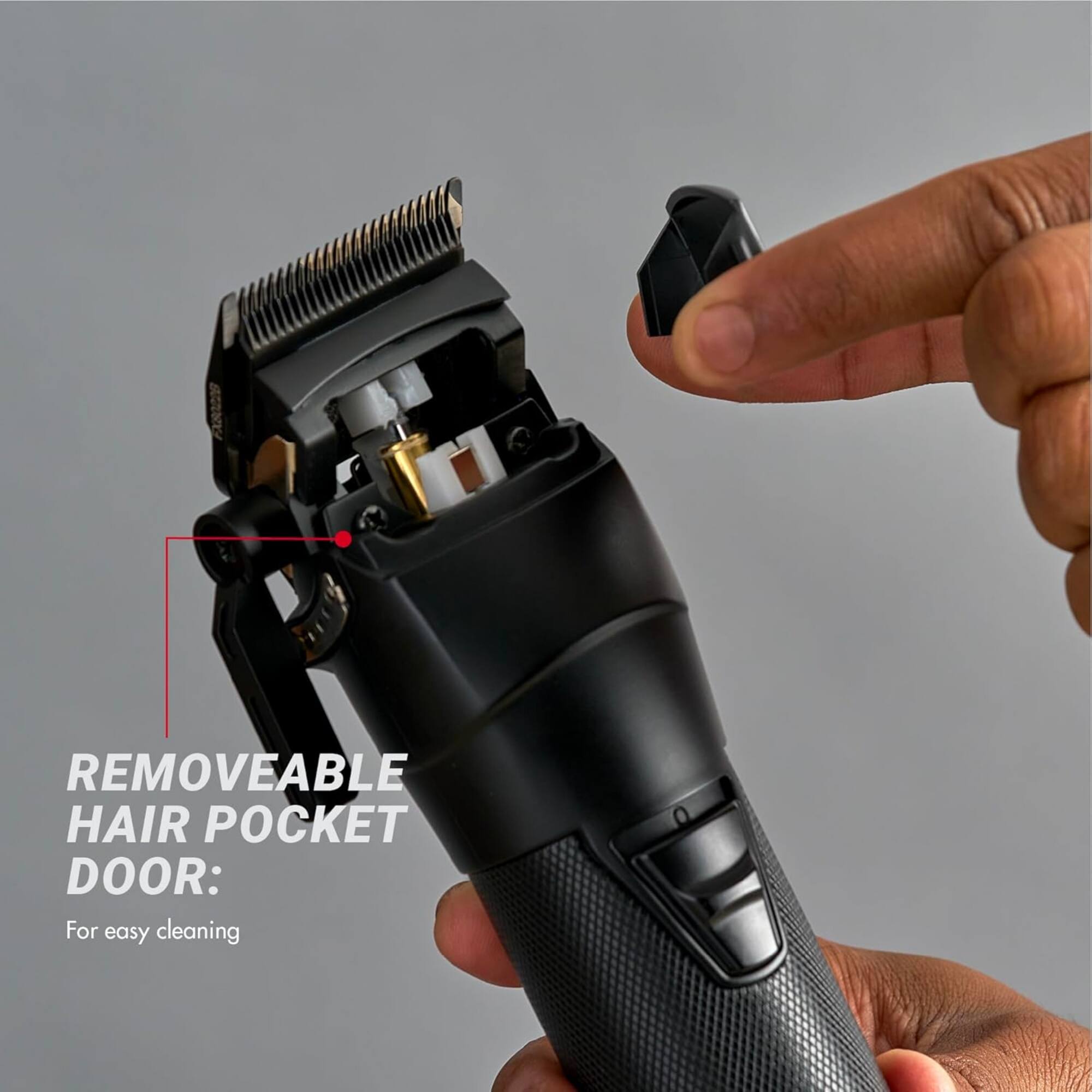 REMOVEABLE HAIR POCKET DOOR: For easy cleaning