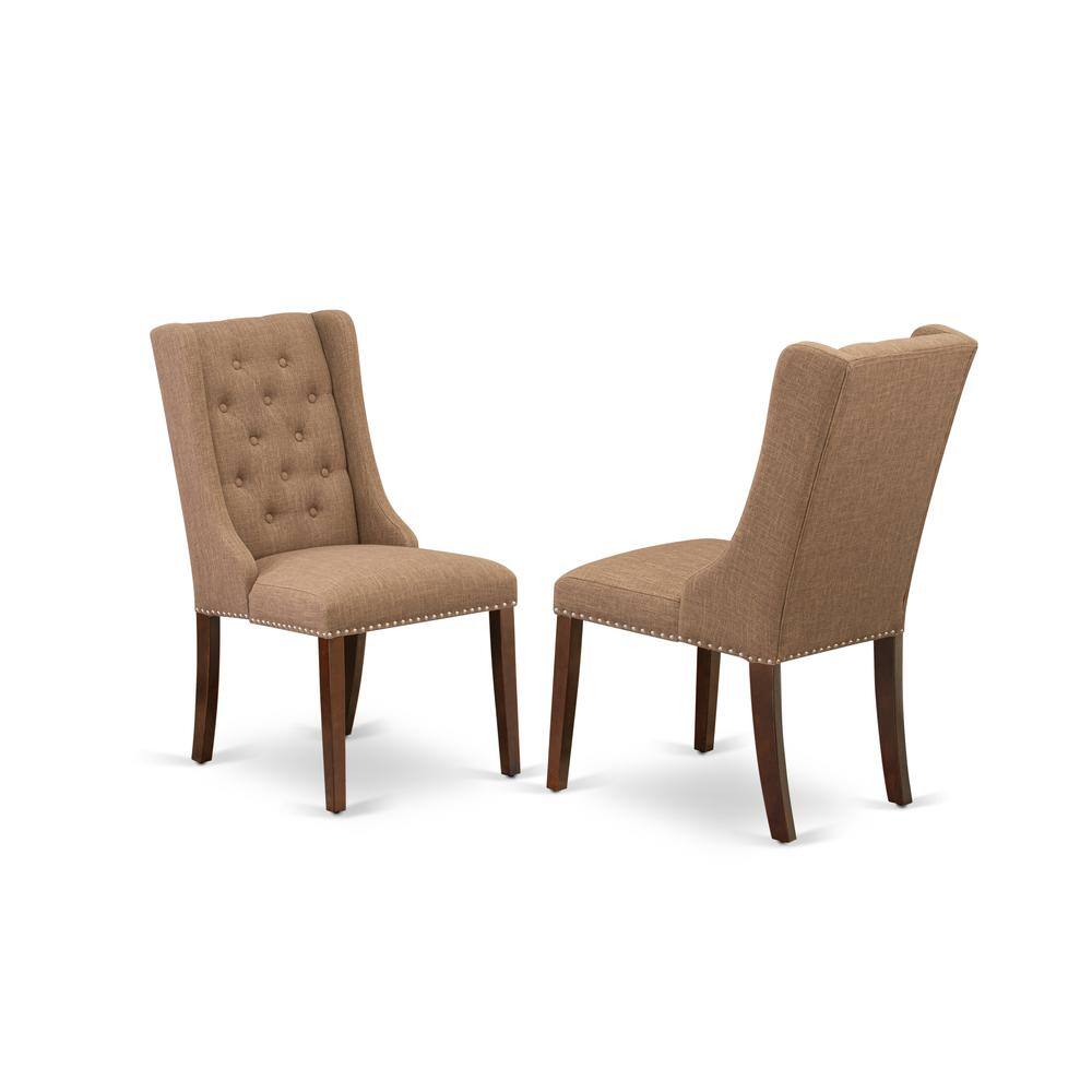East West Furniture - Light Sable Linen Fabric Parson Dining Chairs and Button Tufted Back with Mahogany Rubber Wood Legs, Set of 2 - Brown
