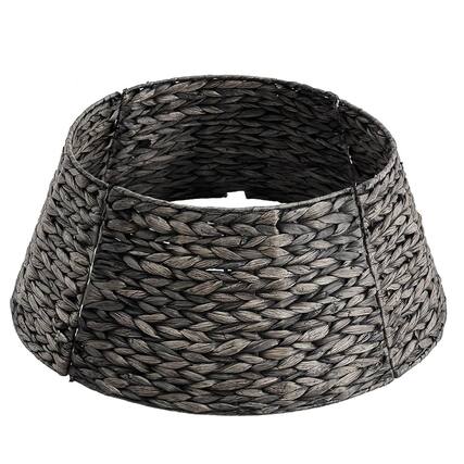 Front. Sweet - 24in Christmas Tree Collar for 4-7ft Trees, Woven Hyacinth Holiday Rattan Tree Skirt Accessory w/Cord Access Hole, Black - Black.