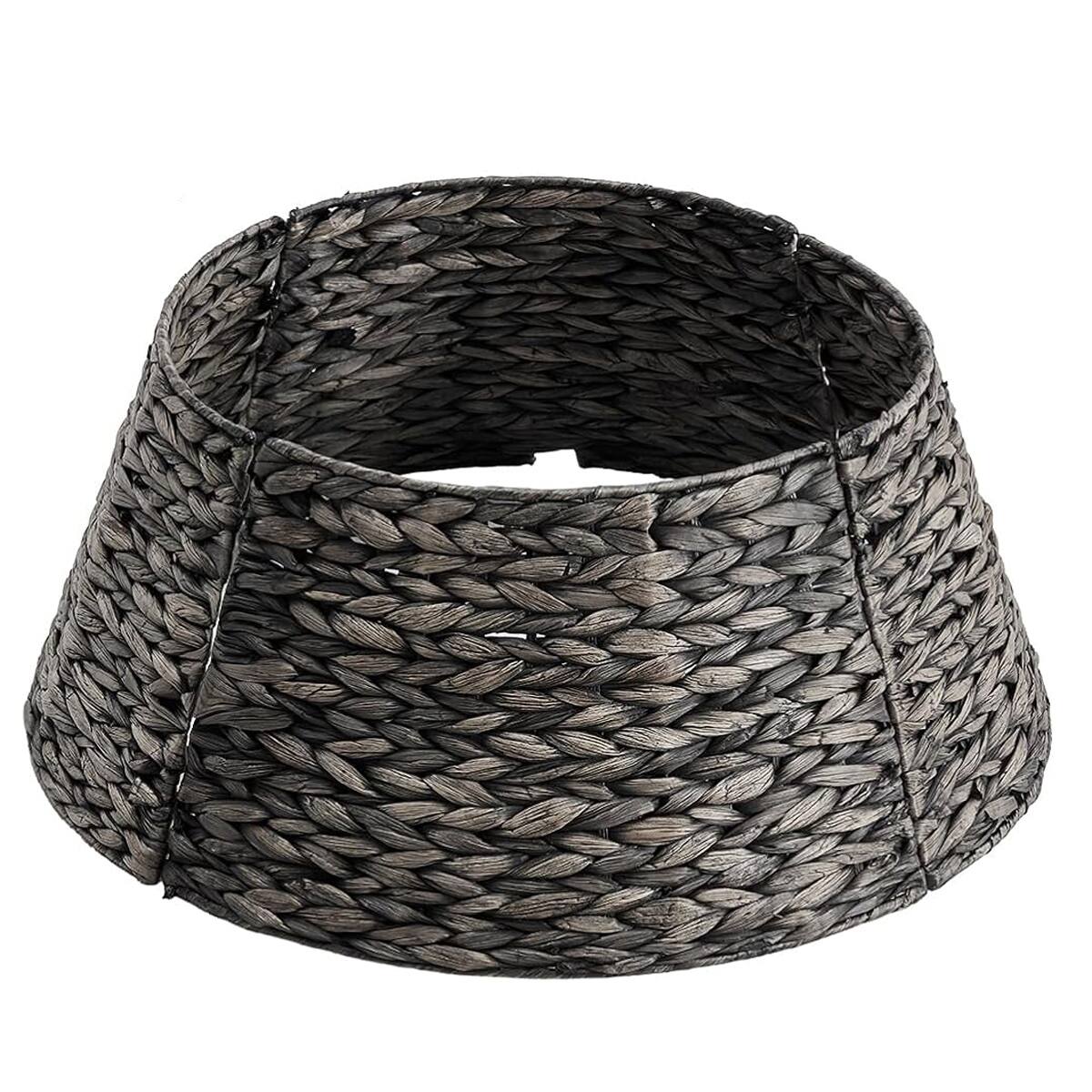 Front. Sweet - 24in Christmas Tree Collar for 4-7ft Trees, Woven Hyacinth Holiday Rattan Tree Skirt Accessory w/Cord Access Hole, Black - Black.