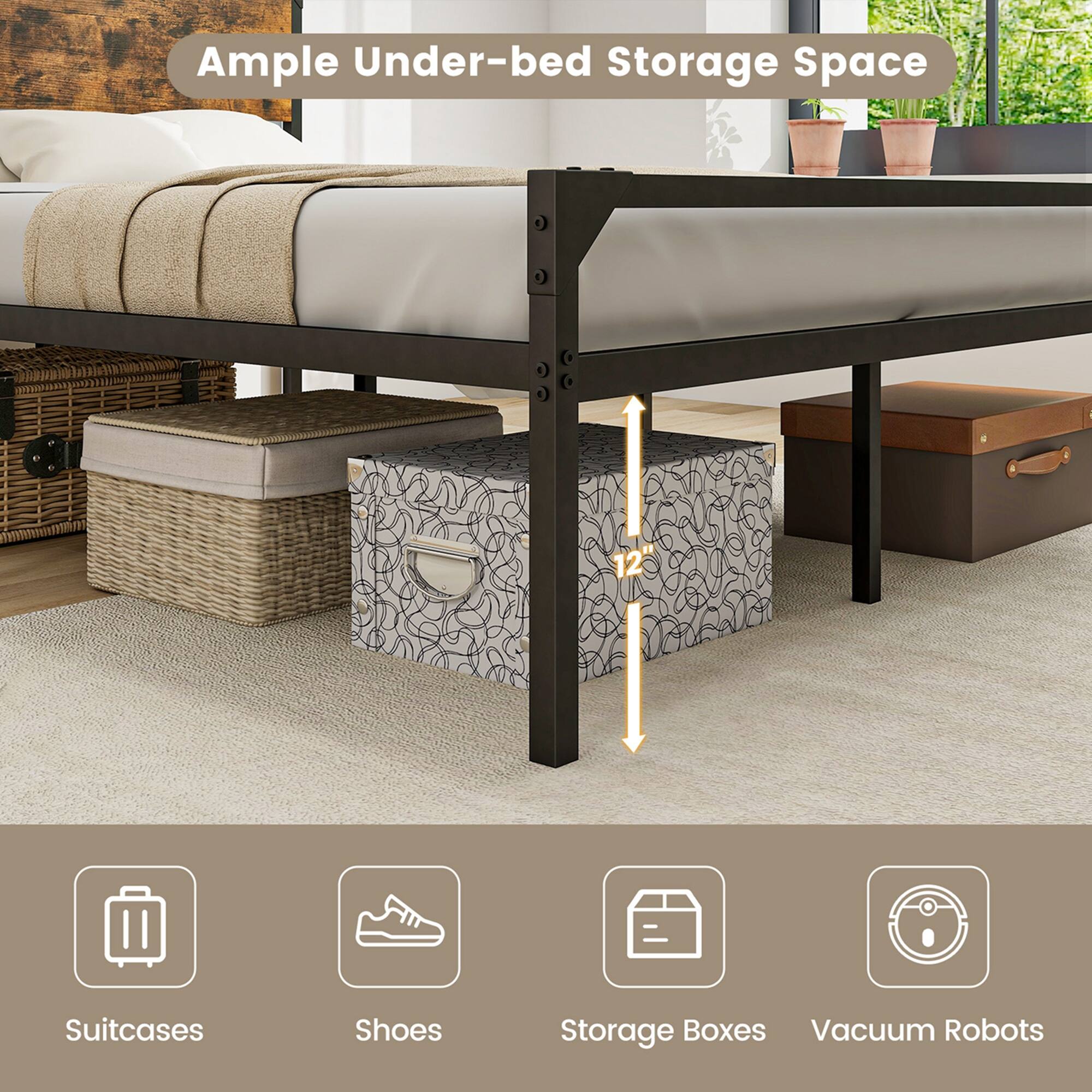 Alt View 9. Costway - Costway Platform Queen Bed with Rustic Headboard & Footboard Strong Metal Slat Support - Rustic Brown,Black.