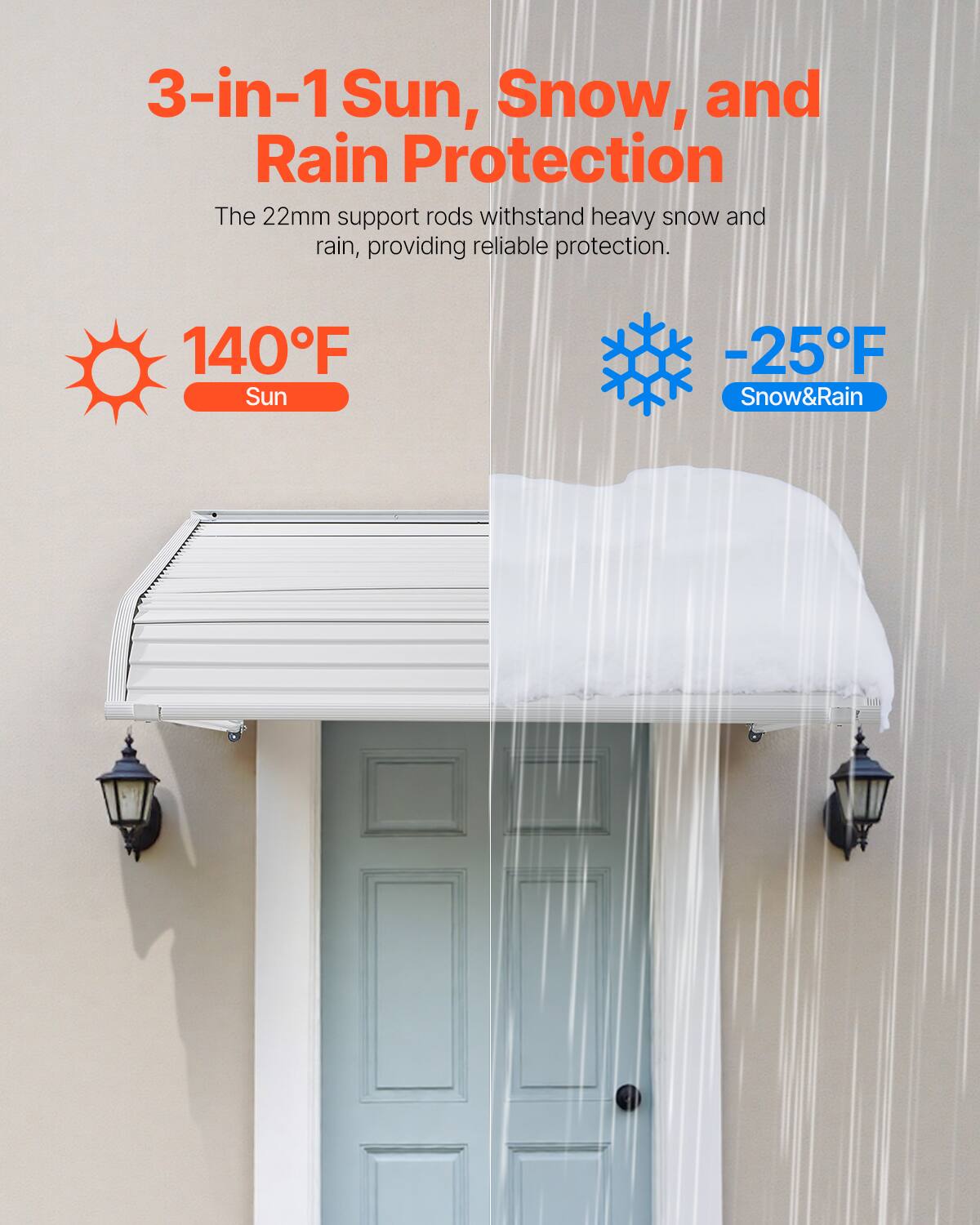 3-in-1 Sun, Snow, and Rain Protection

The 22mm support rods withstand heavy snow and rain, providing reliable protection.

140°F Sun

-25°F Snow & Rain