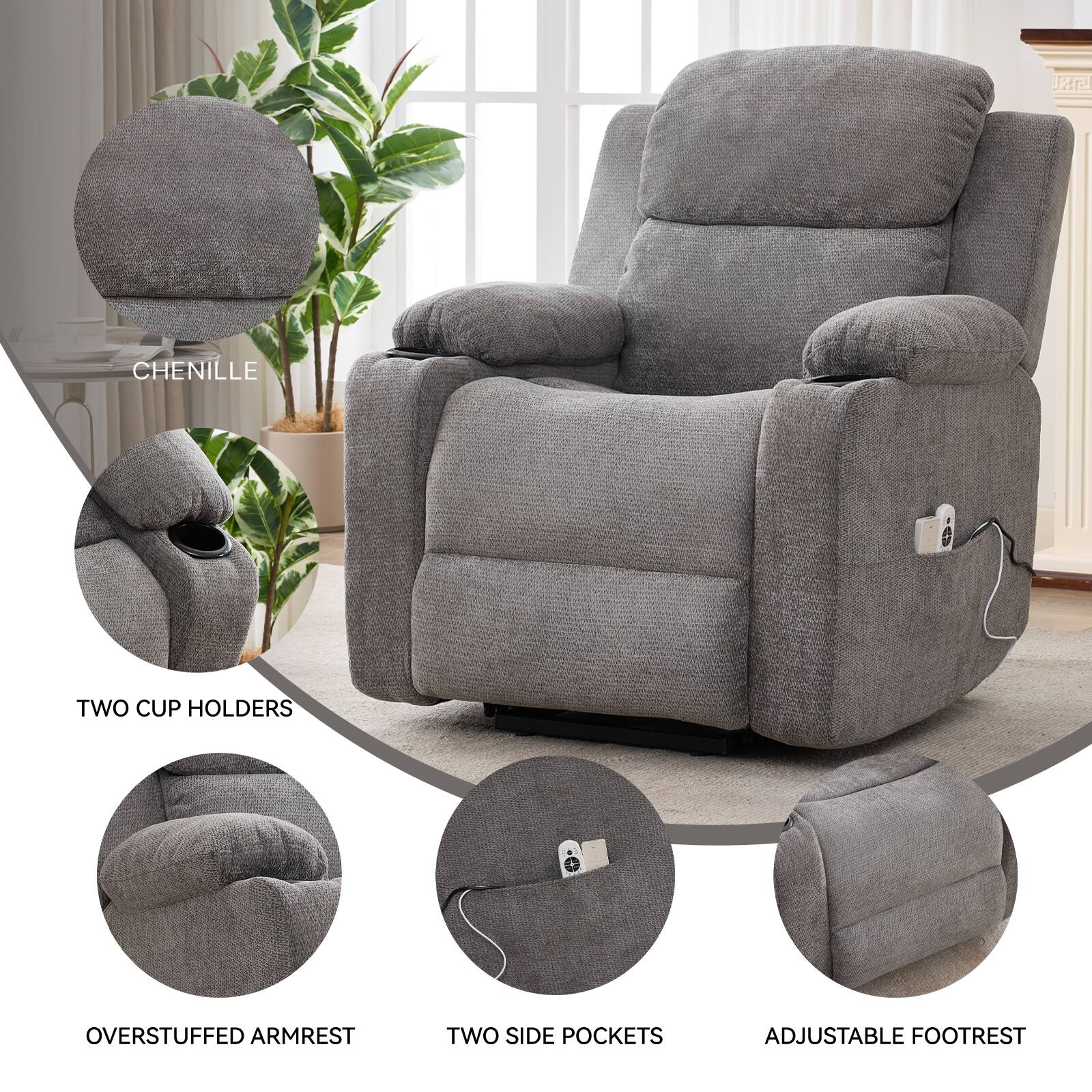 - CHENILLE
- TWO CUP HOLDERS
- OVERSTUFFED ARMREST
- TWO SIDE POCKETS
- ADJUSTABLE FOOTREST