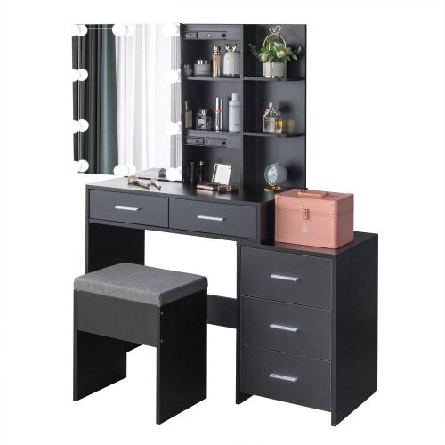 Alt View 1. Winado - Vanity Makeup Table Dressing Desk Set Open Shelves 5 Drawers Cabinet 10 LED Lighted Bulbs Sliding Mirror with Stool Set - Black.