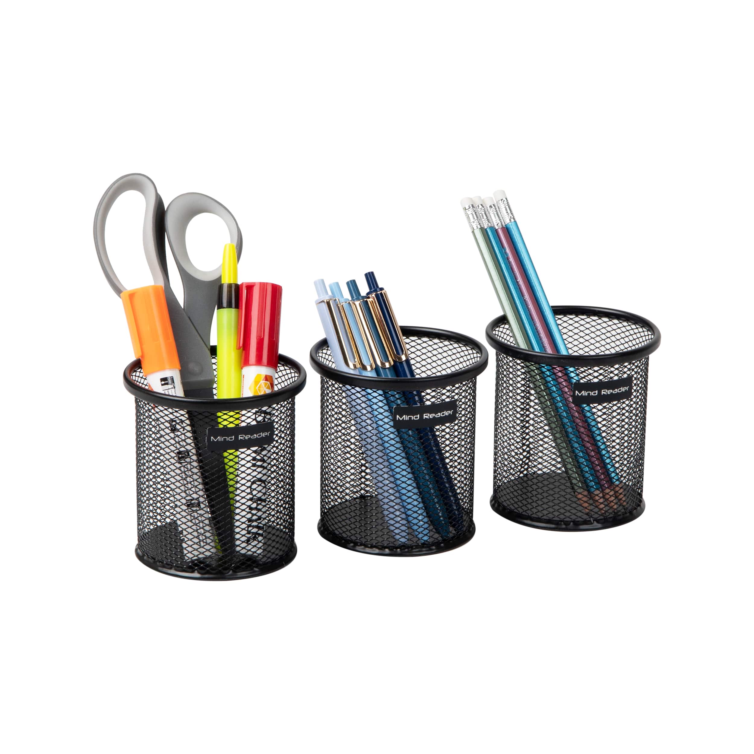 Mind Reader - Pen and Accessories Holder, Desktop Organizer, Office, Metal Mesh, 3.5"L x 3.5"W x 3.75"H, Set of 3 - Black