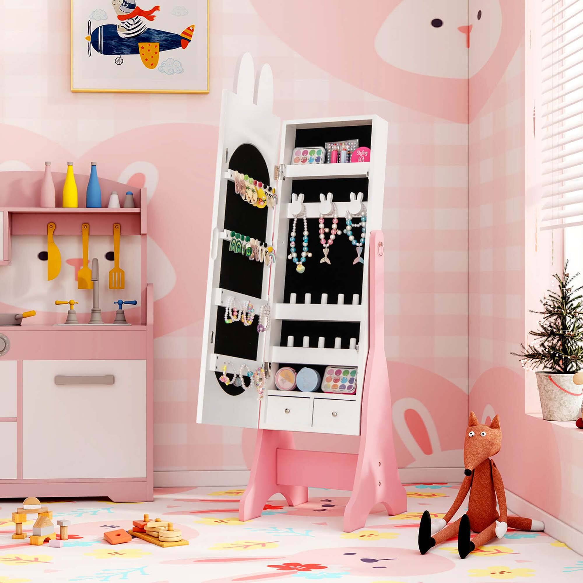 Alt View 1. Costway - Costway Kids Jewelry Cabinet Standing Children Jewelry Organizer with Full-Length Mirror - White.