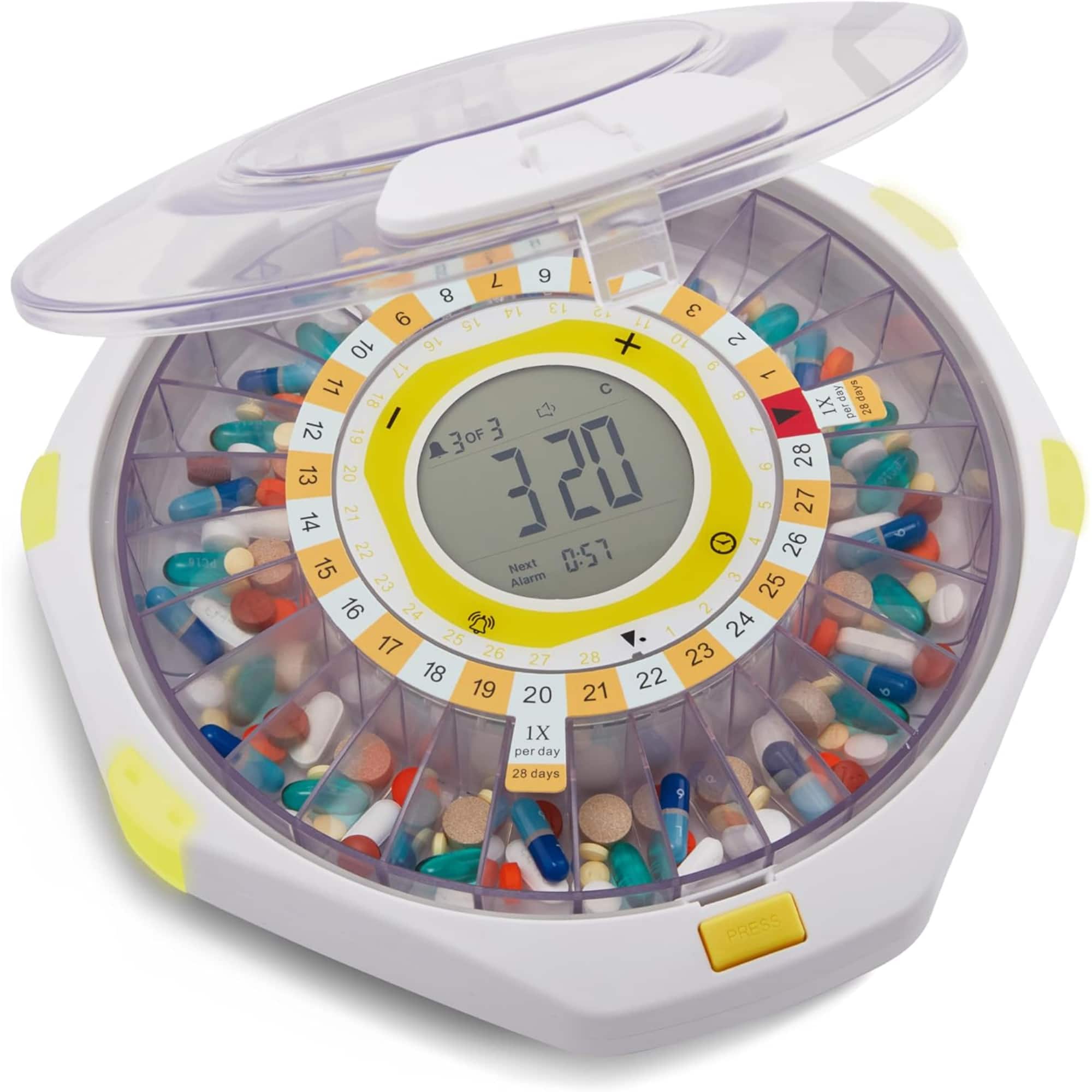 LiveFine - Bluetooth Automatic Pill Dispenser, 28-Day Capacity, Alerts, Lock & LCD - Clear Lid