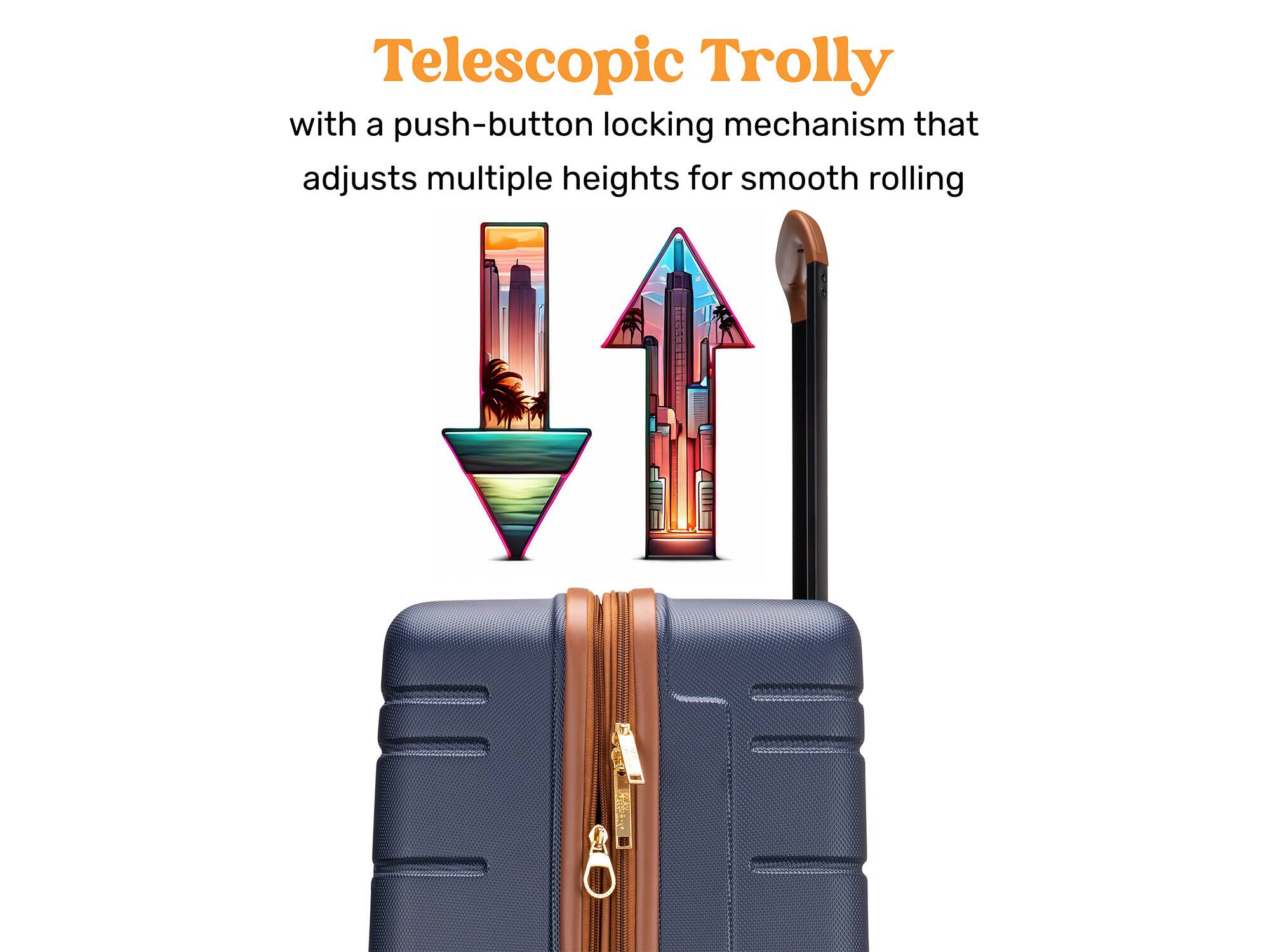 Telescopic Trolly with a push-button locking mechanism that adjusts multiple heights for smooth rolling