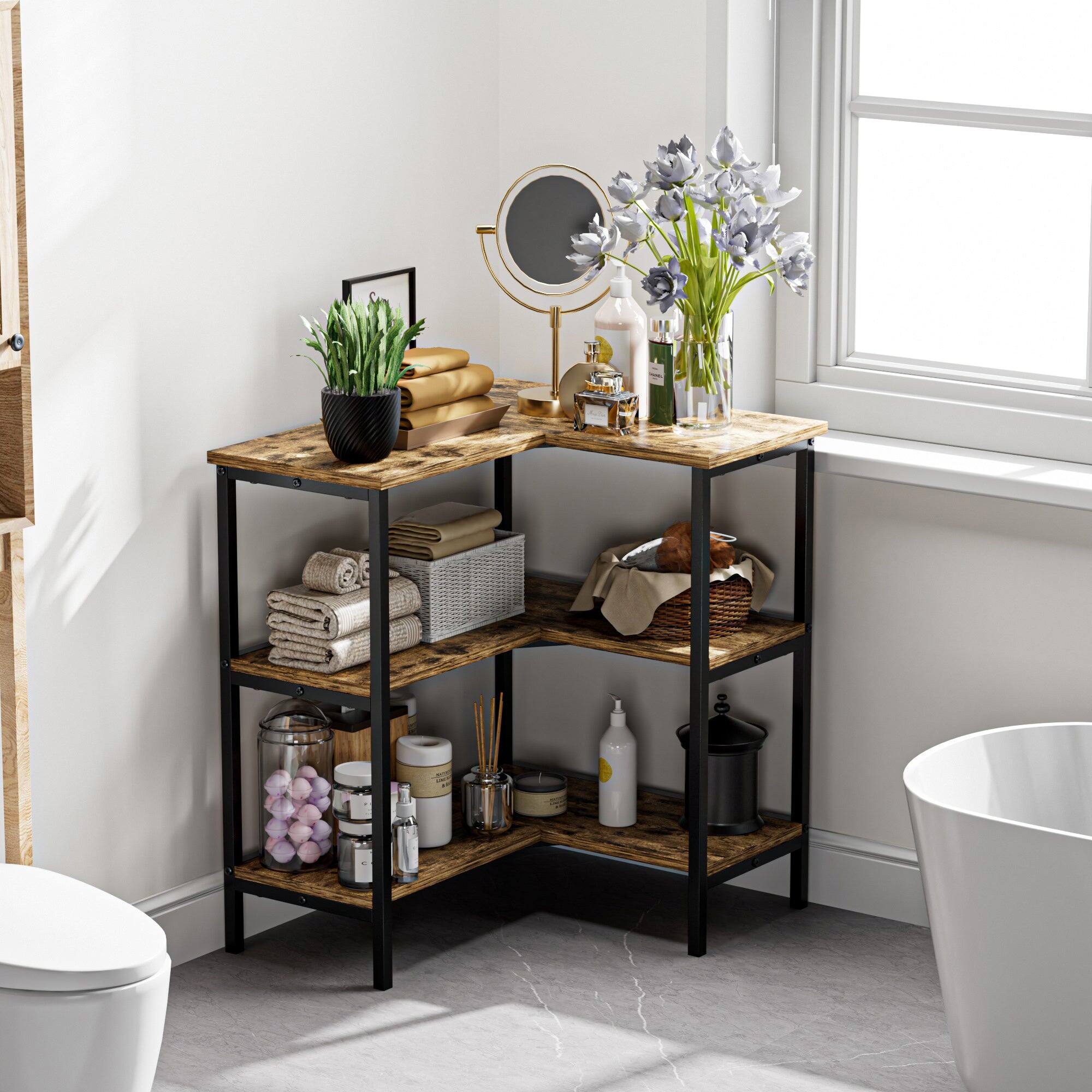 Back. Vecelo - Industrial Corner Shelf Cabinet - 3 Tier L-Shaped Storage Unit with Metal Frame, for for Living Room, Kitchen & Office - Grey.