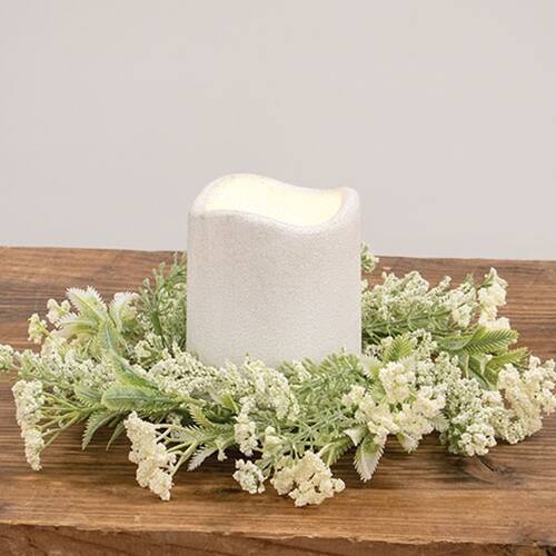 Angle. BreeBe - Delicate Cream Astilbe & Lace Candle Ring - 3.5" - Cream, Green.