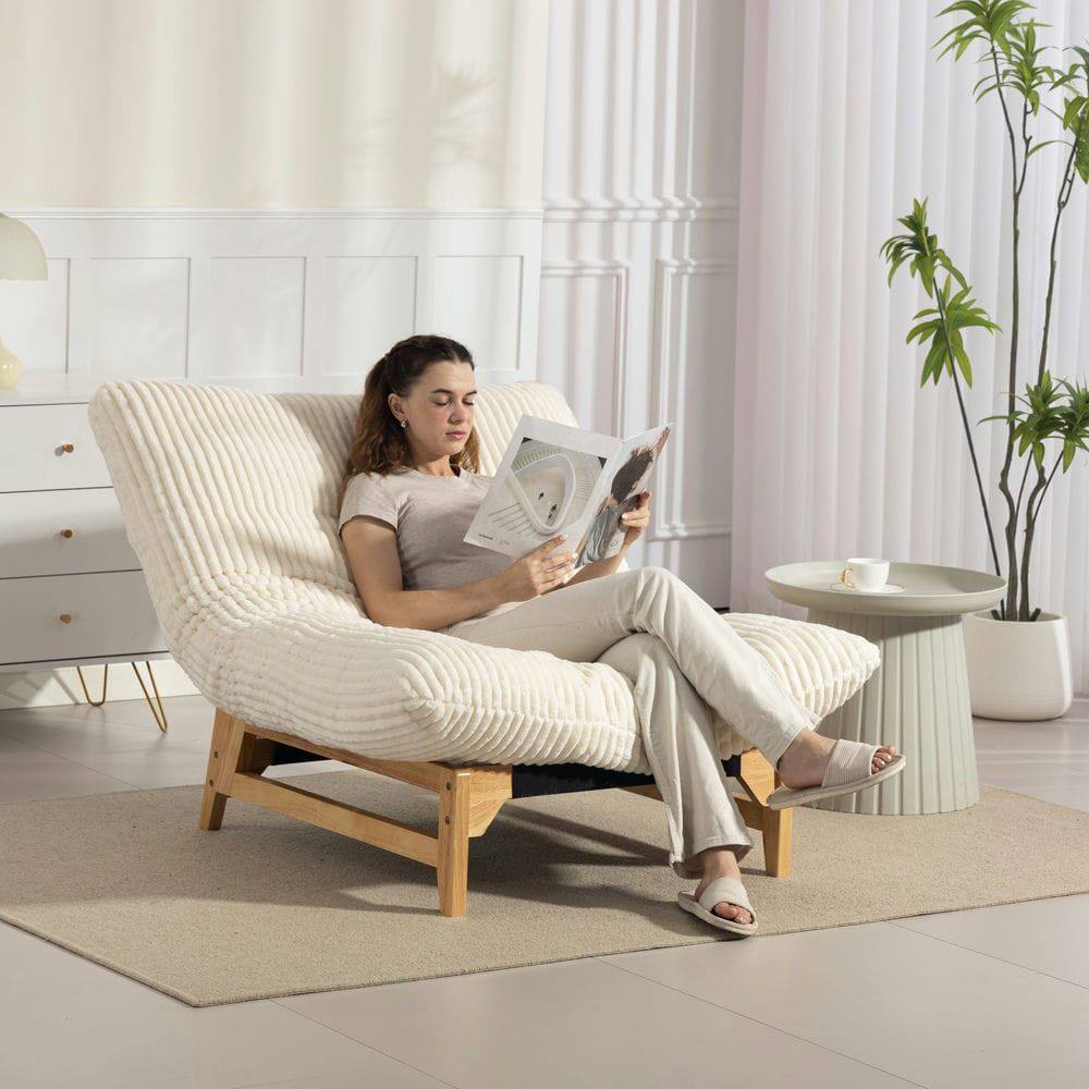 Back. Kadyn - Bean Bag Chair for Adults, Corduroy Fabric Armless Lazy Sofa with Backrest for Living Room & Bedroom, Off White - White.