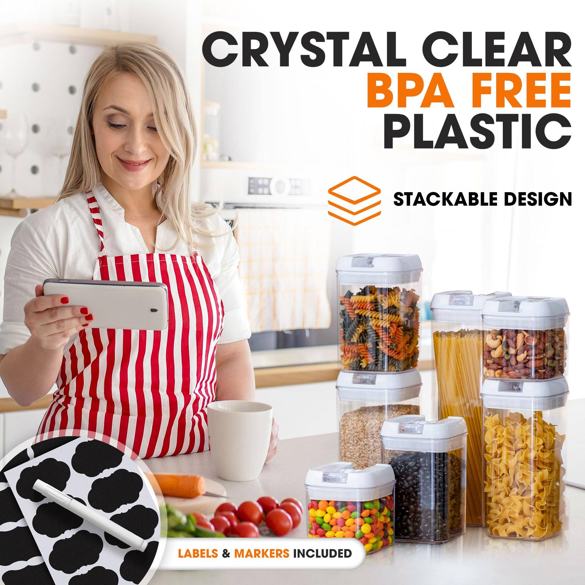 CRYSTAL CLEAR BPA FREE PLASTIC  
STACKABLE DESIGN  
LABELS & MARKERS INCLUDED