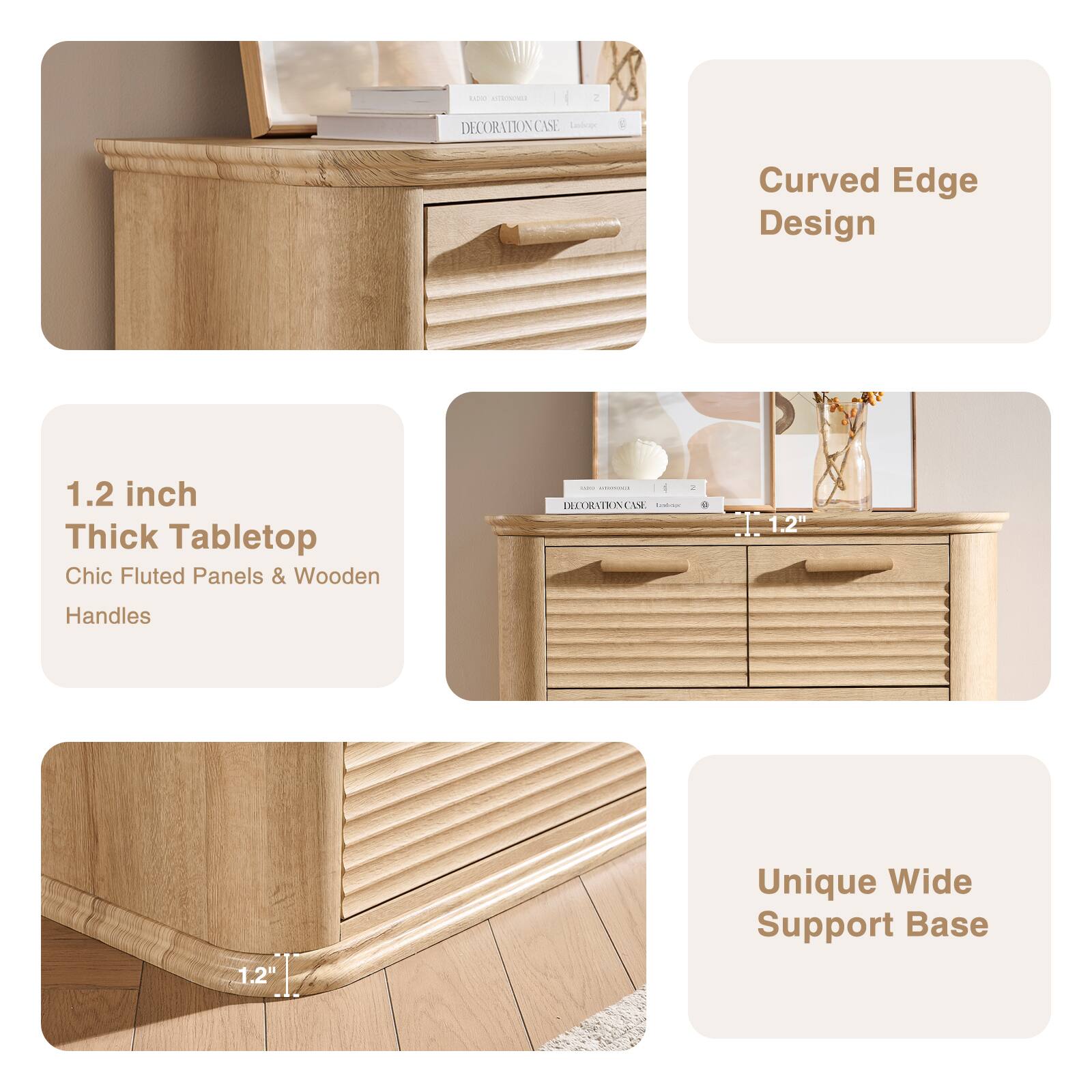 - DECORATION CASE Sedoe Curved Edge Design
- 1.2 inch Thick Tabletop
- Chic Fluted Panels & Wooden Handles
- 1.2" Unique Wide Support Base