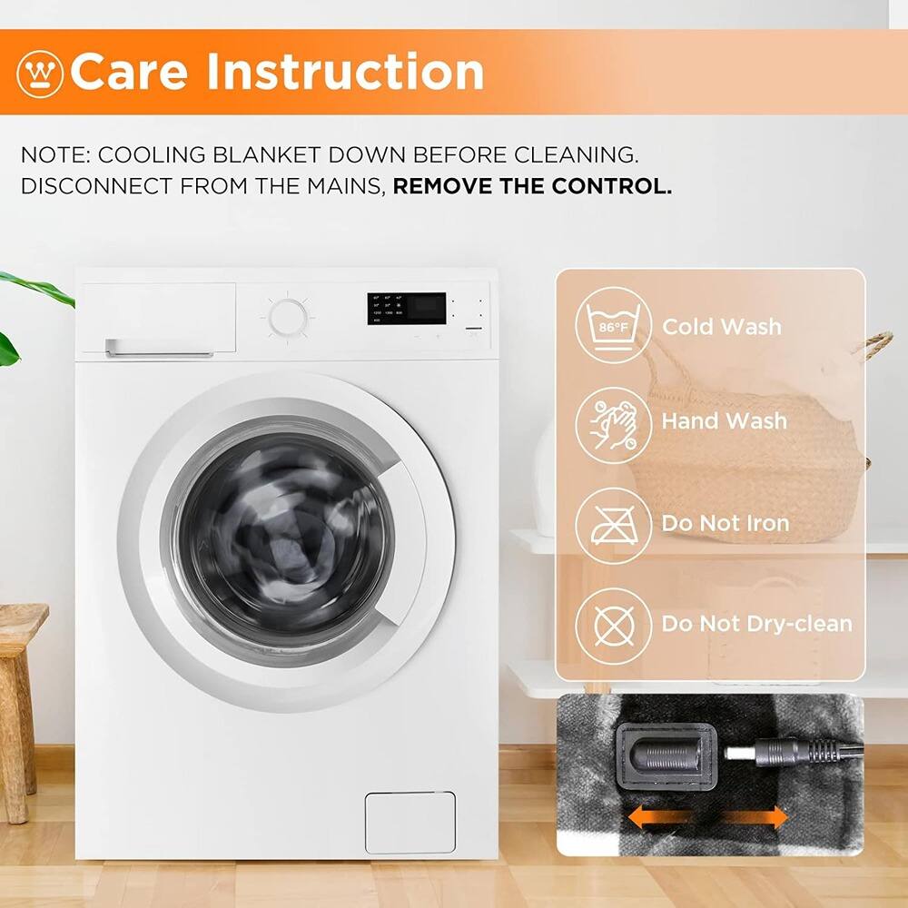 **Care Instruction**

**NOTE:** COOLING BLANKET DOWN BEFORE CLEANING. DISCONNECT FROM THE MAINS, REMOVE THE CONTROL.

- Cold Wash
- Hand Wash
- Do Not Iron
- Do Not Dry-clean