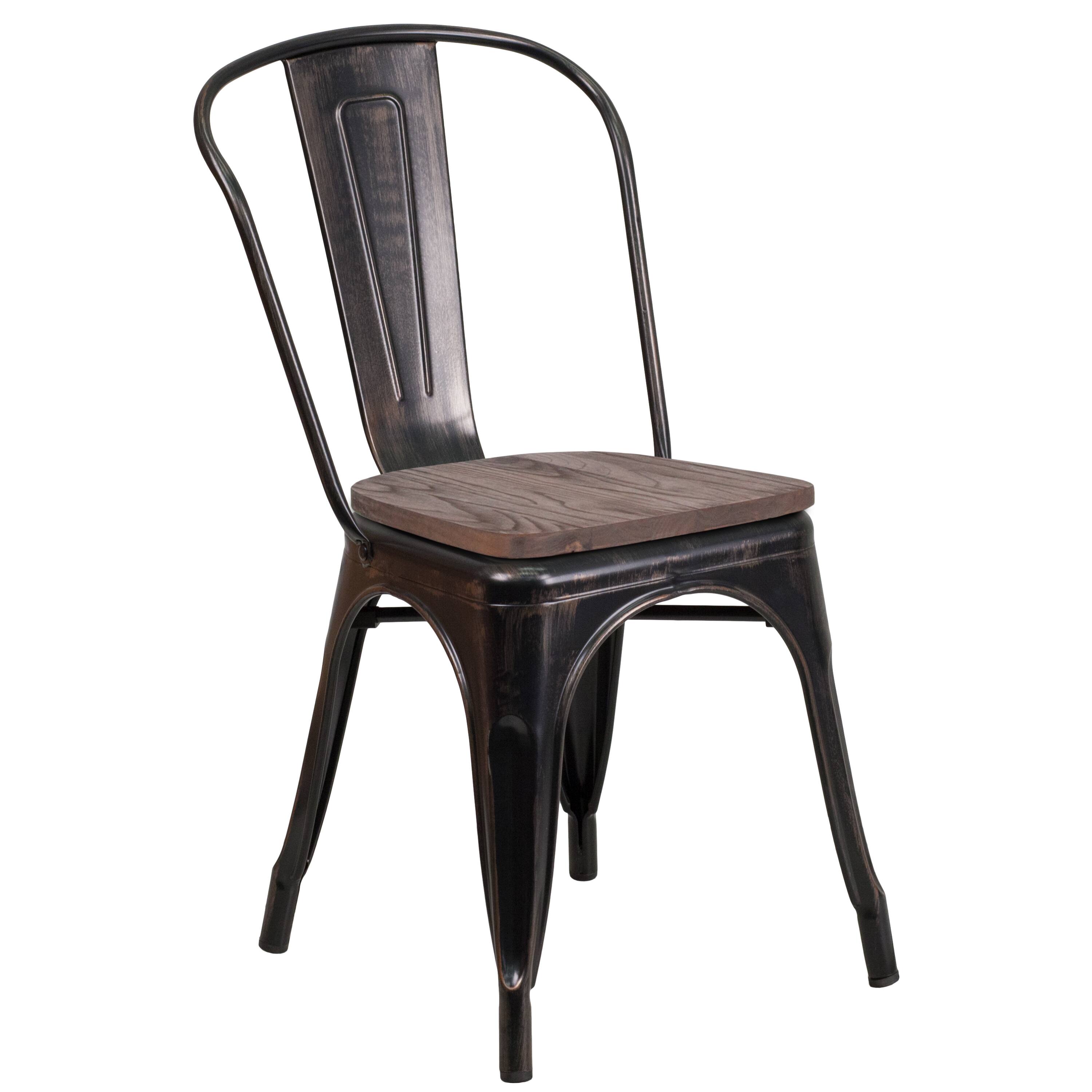 Alt View 7. Emma + Oliver - 4 Pack Metal Stackable Chair with Wood Seat - Black-Antique Gold.