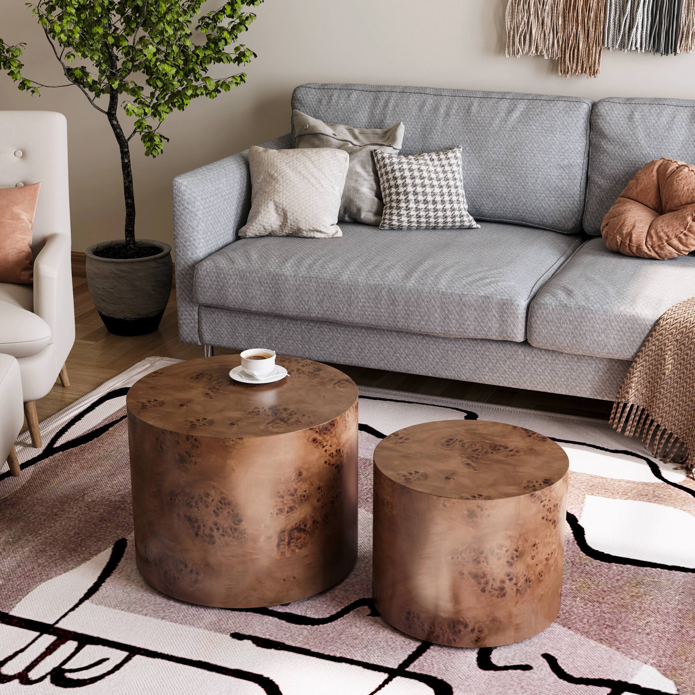 Back. Loheer - Loheer Nesting Coffee Table Set of 2 Modern Round Brown Burl Wood Circle Accent Tables for Small Spaces Living Room - Dark Brown.