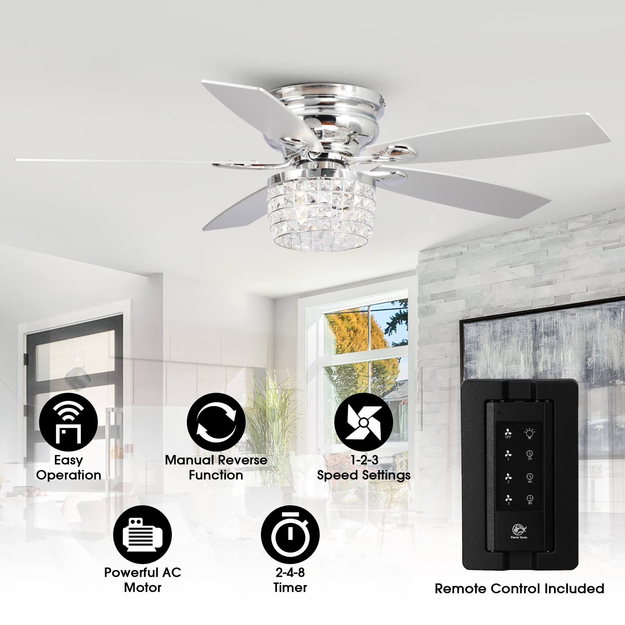 Easy Operation  
Manual Reverse Function  
1-2-3 Speed Settings  
Powerful AC Motor  
2-4-8 Timer  
Remote Control Included