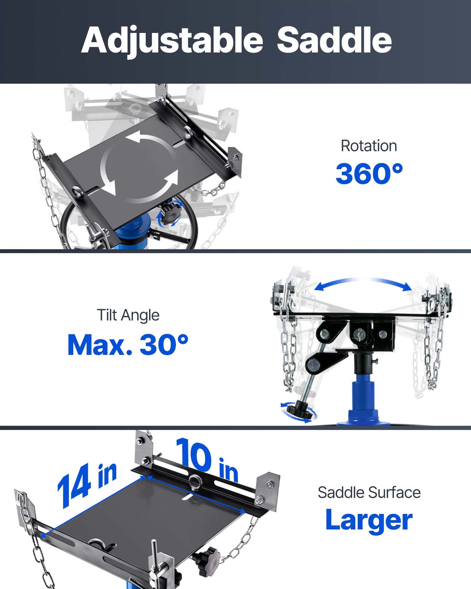 Adjustable Saddle  
Rotation 360°  
Tilt Angle Max. 30°  
Saddle Surface 14 in x 10 in
