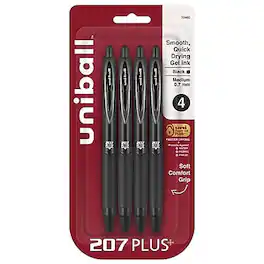uni-ball - 207 Plus+ Retractable Gel Pens, Medium Point, 0.7mm, 4/Pack - Black Ink