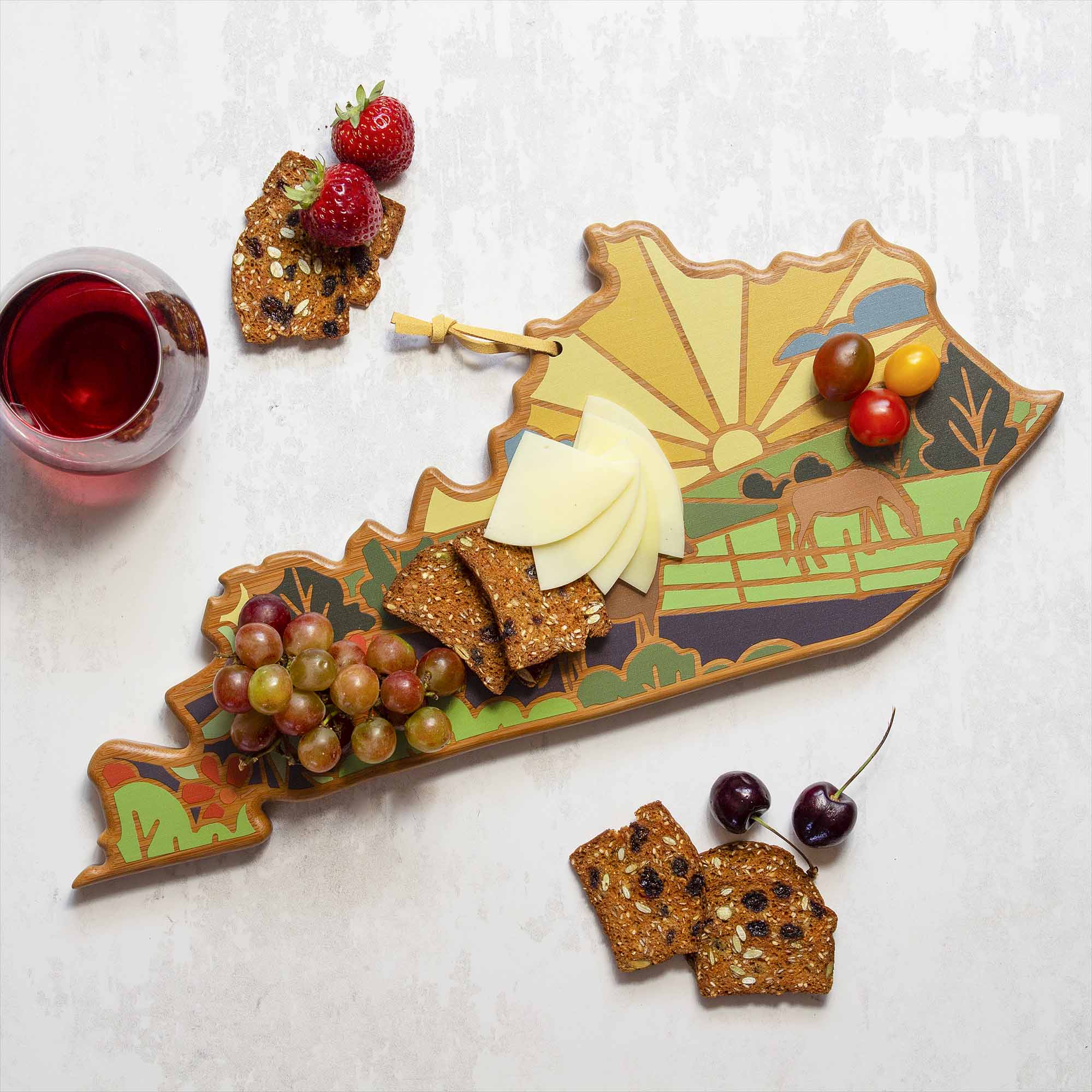 Angle. Totally Bamboo - Kentucky Cutting Board with Artwork by Summer Stokes.