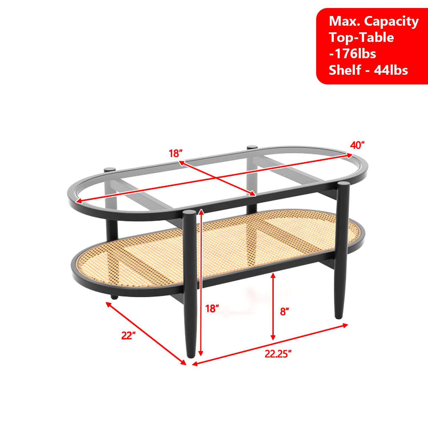 Max. Capacity  
Top-Table - 176lbs  
Shelf - 44lbs  

18"  
40"  
18"  
8"  
22"  
22.25"