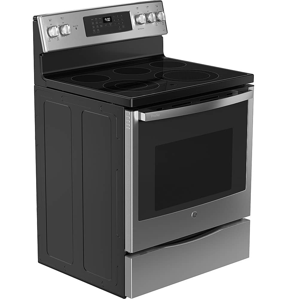 Angle. GE Profile - 30" Smart Free-Standing Electric Convection Range with Self-Clean and Steam Clean with No Preheat Air Fry - Stainless Steel.