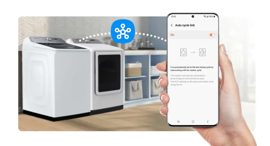 "12:45  100% Auto cycle link On. It is automatically set to the best drying cycle by interworking with the washer cycle. The washer must also be connected to SmartThings for this function to work. The Wi-Fi settings on the dryer and washer must always be on."
