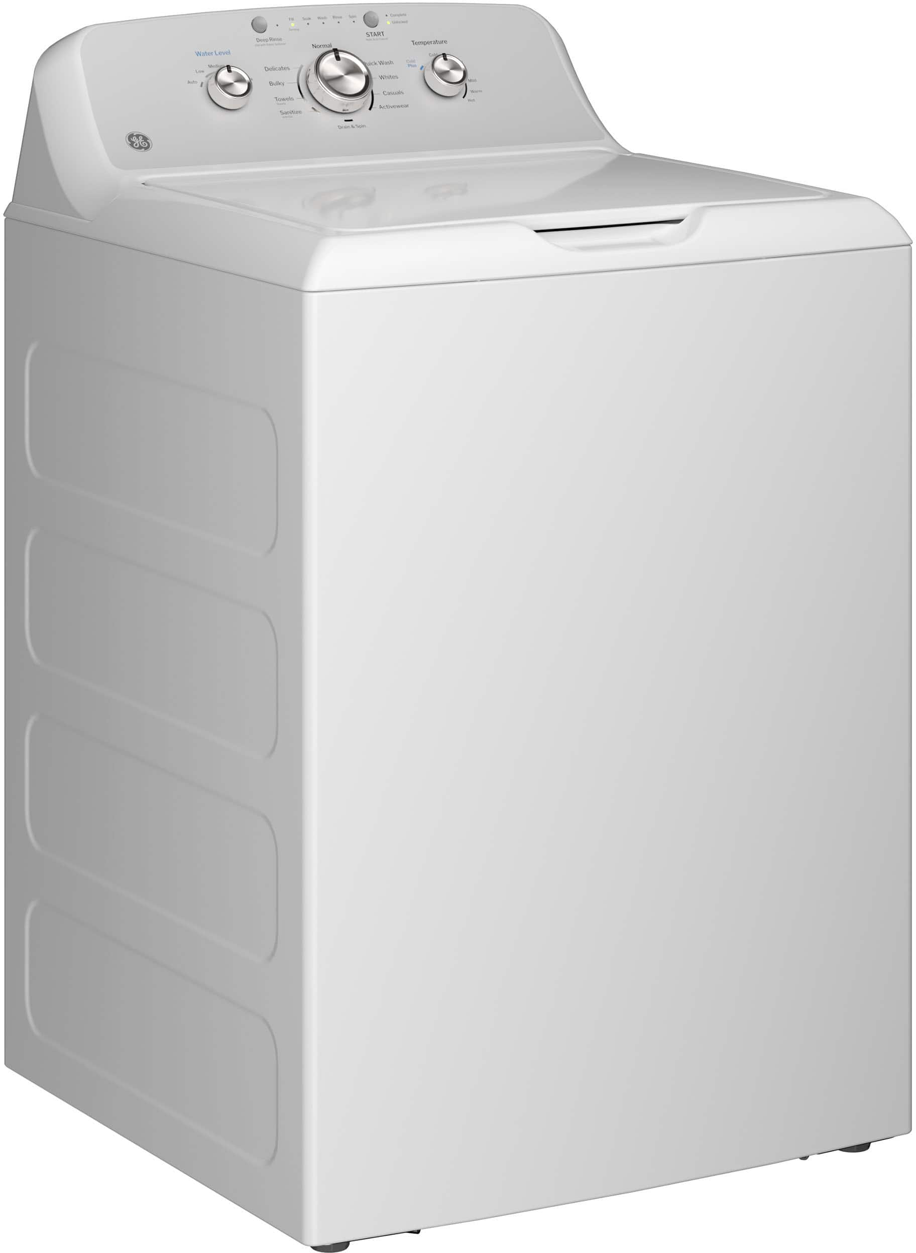 Angle. GE - 4.3 Cu. Ft. High-Efficiency Top Load Washer with Cold Plus - White with Silver Matte.