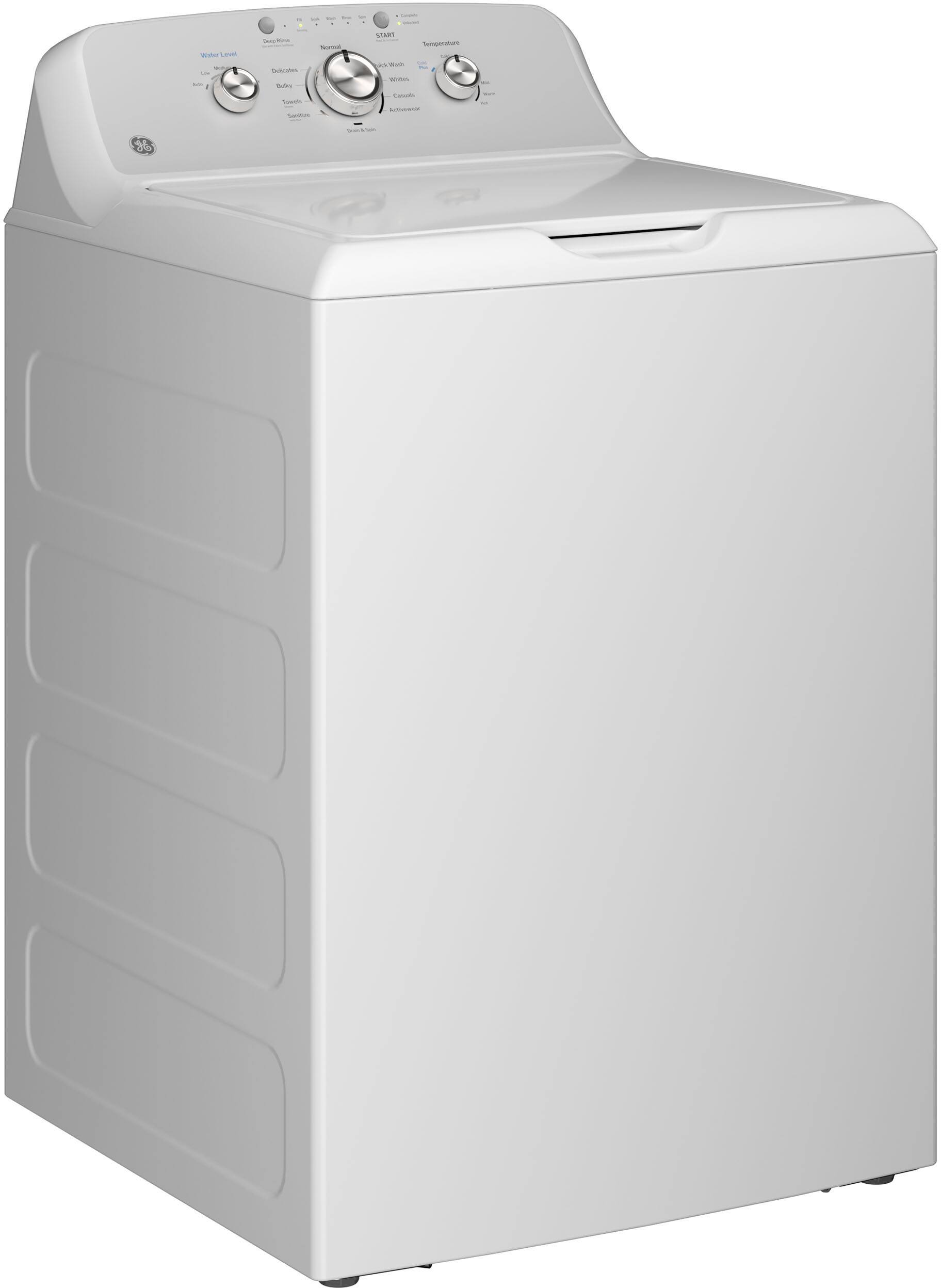 Angle. GE - 4.3 Cu. Ft. High-Efficiency Top Load Washer with Cold Plus - White with Silver Matte.