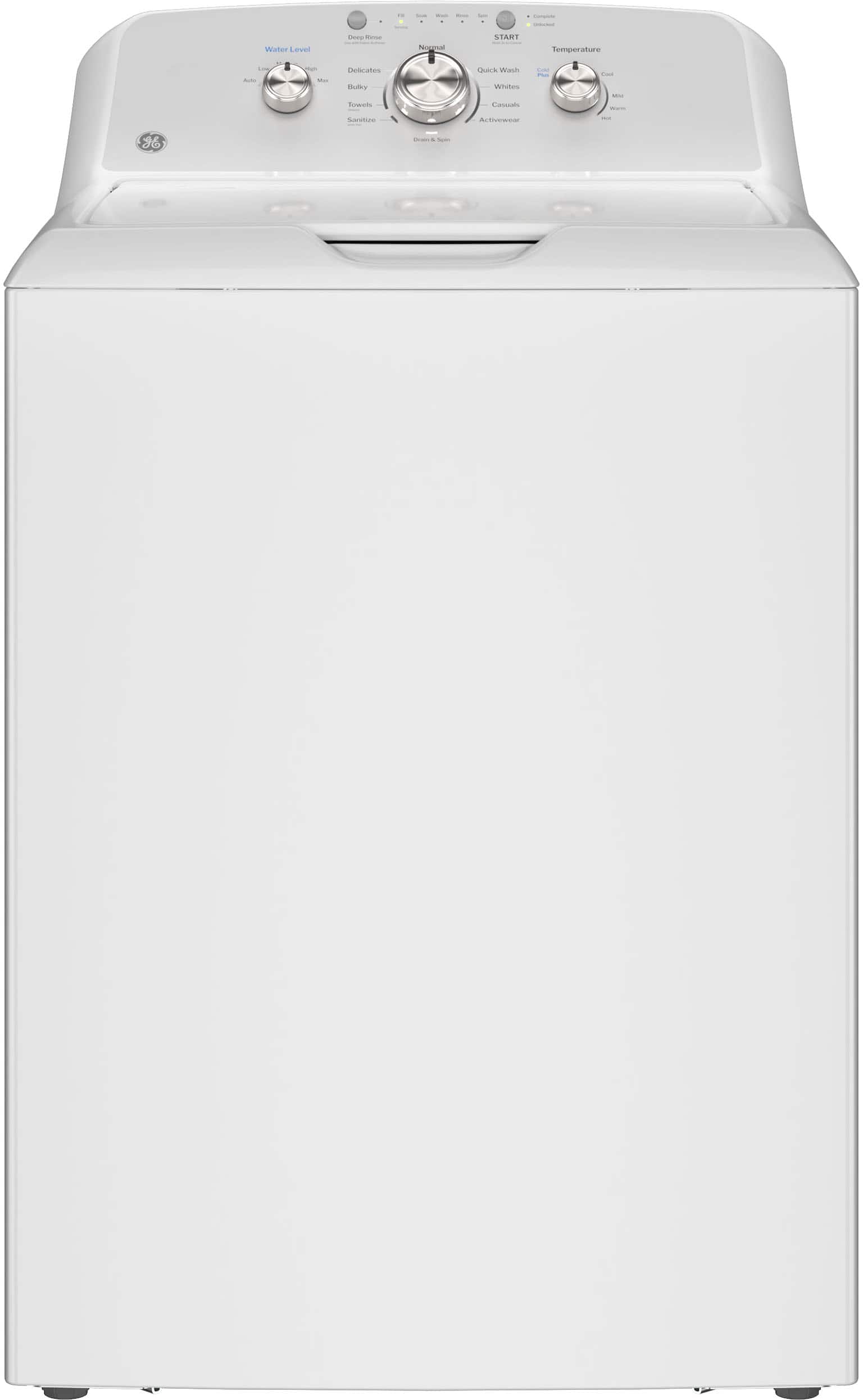 The image features a white washing machine, which is a front-loading machine. It is a large appliance, taking up a significant portion of the image. The washing machine is white and has a smiling face on it, adding a touch of personality to the appliance.