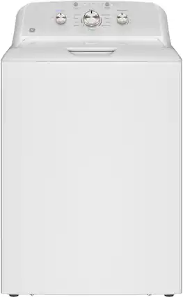 The image features a white washing machine, which is a front-loading machine. It is a large appliance, taking up a significant portion of the image. The washing machine is white and has a smiling face on it, adding a touch of personality to the appliance.