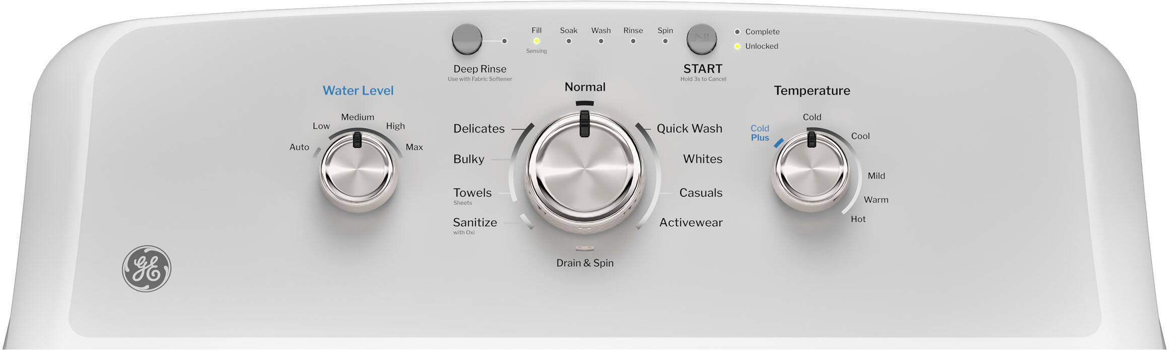 The image features a white washing machine with a control panel on the front. The control panel has three knobs, which are likely used for adjusting the temperature, spin speed, and other settings. The washing machine is placed on top of a white countertop, and the entire scene is white, giving it a clean and minimalist appearance.