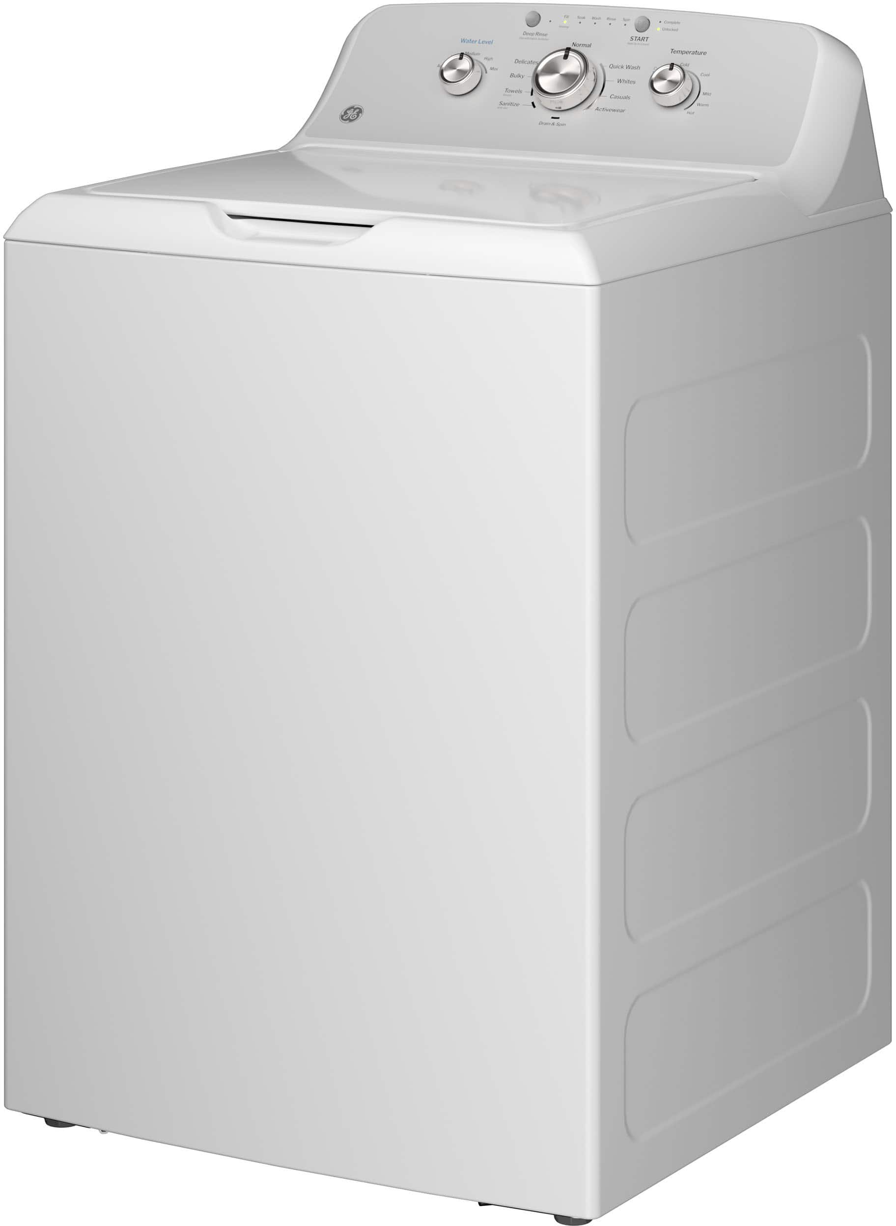 Left. GE - 4.3 Cu. Ft. High-Efficiency Top Load Washer with Cold Plus - White with Silver Matte.