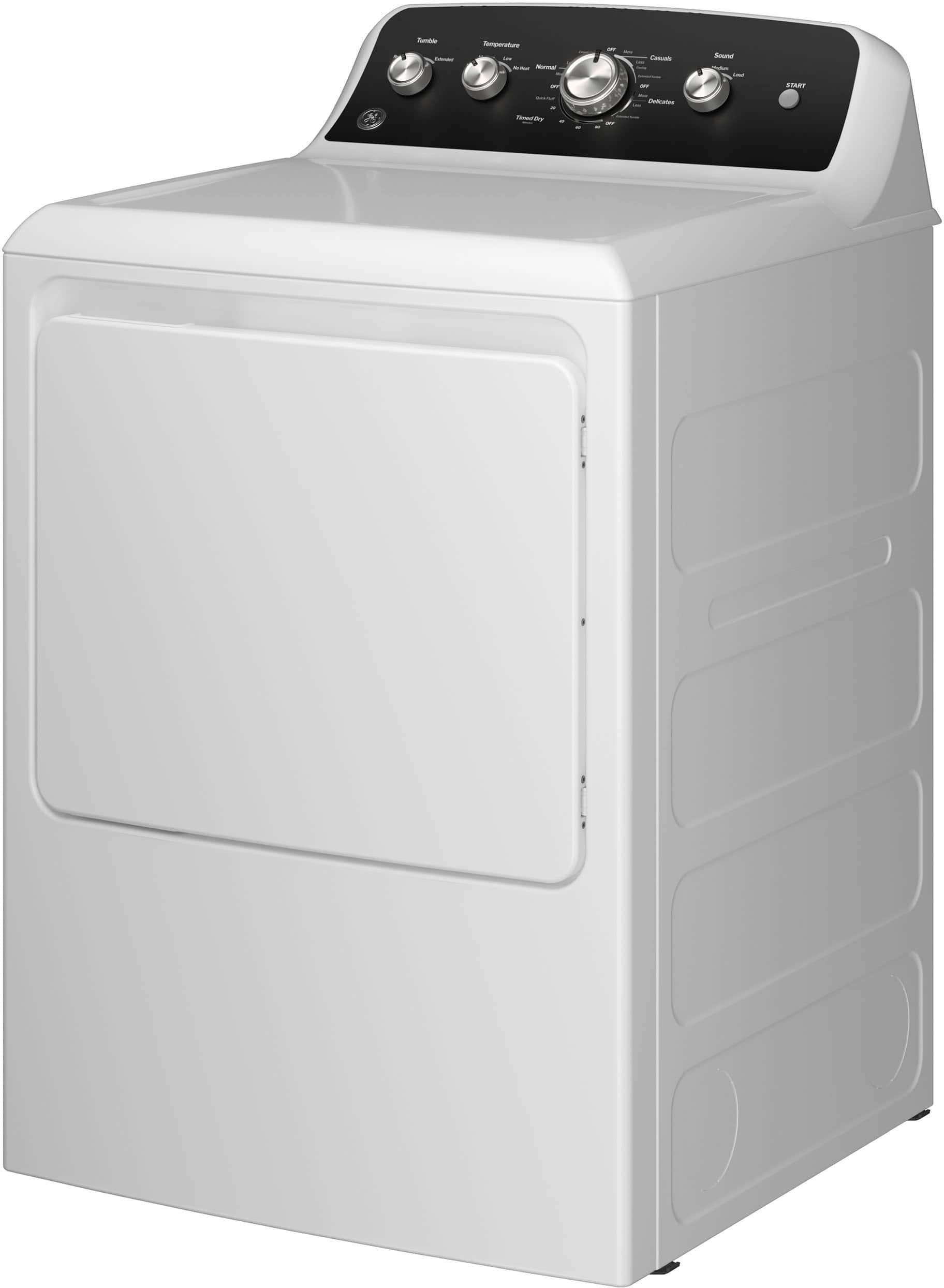 Left. GE - 7.2 Cu. Ft. Electric Dryer with Long Venting up to 120 Ft. - White with Matte Black.