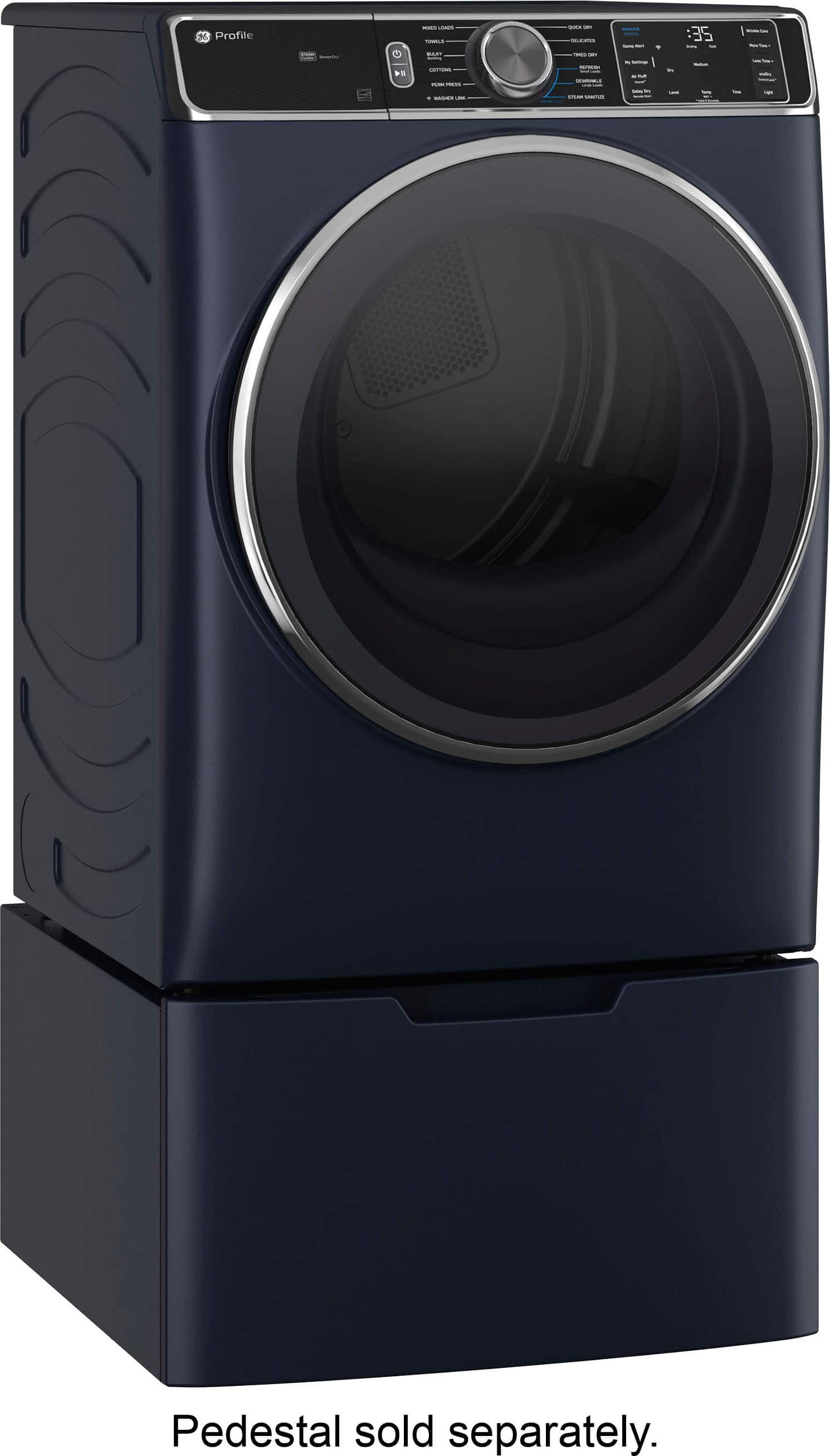 Angle. GE Profile - 7.8 Cu. Ft. Stackable Smart Electric Dryer with Steam and Sanitize Cycle - Sapphire Blue.