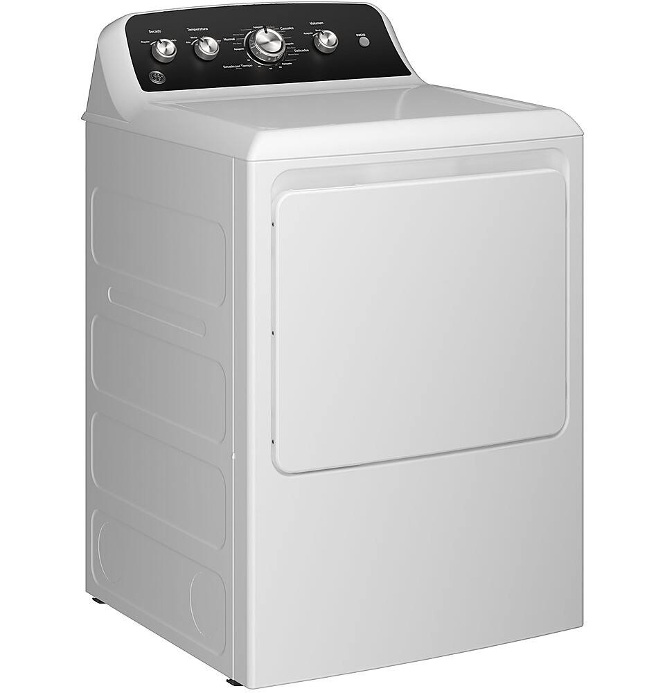 Angle. GE - 7.2 Cu. Ft. Electric Dryer with Spanish Control Panel - White with Matte Black.