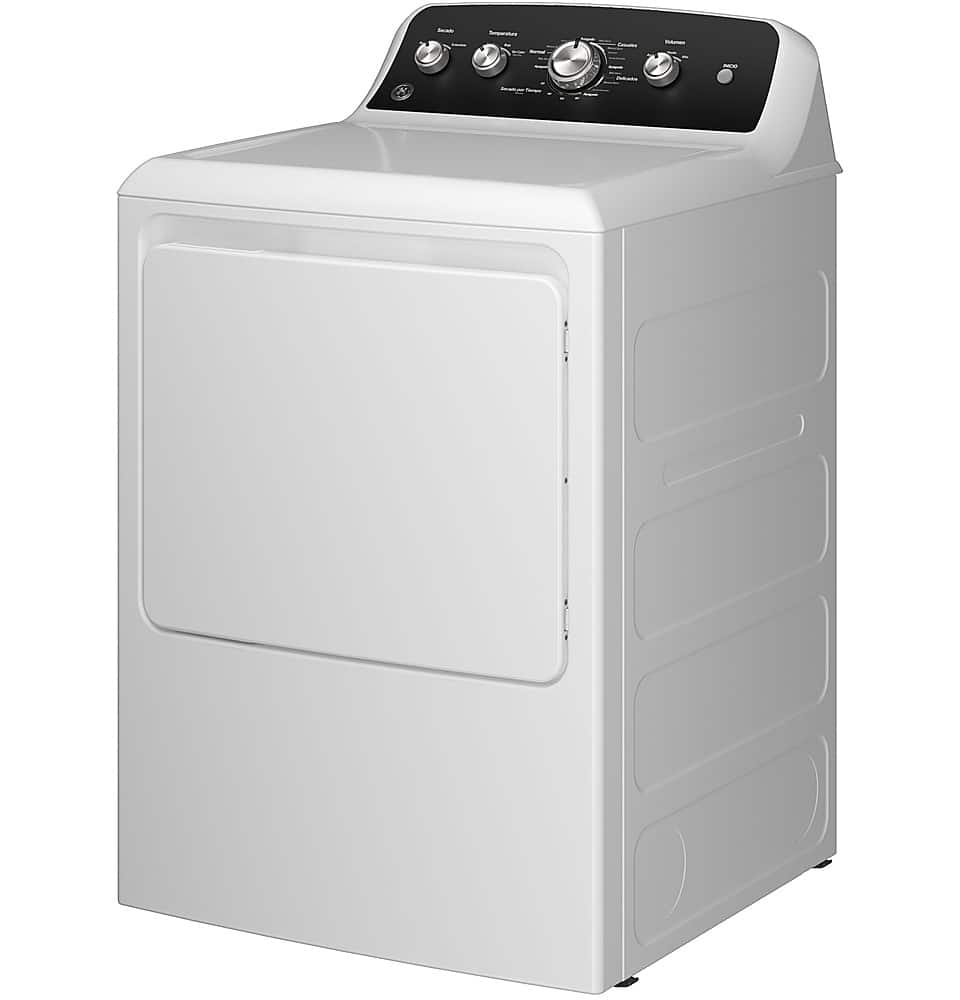Left. GE - 7.2 Cu. Ft. Electric Dryer with Spanish Control Panel - White with Matte Black.