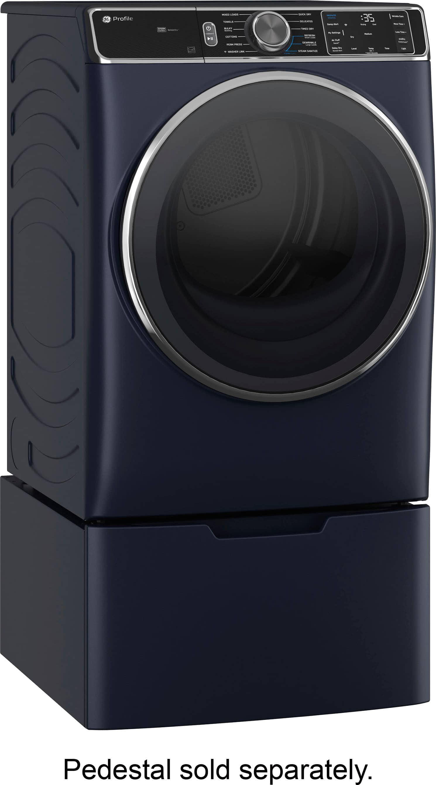 Angle. GE Profile - 7.8 Cu. Ft. Stackable Smart Electric Dryer with Steam and Washer Link - Sapphire Blue.