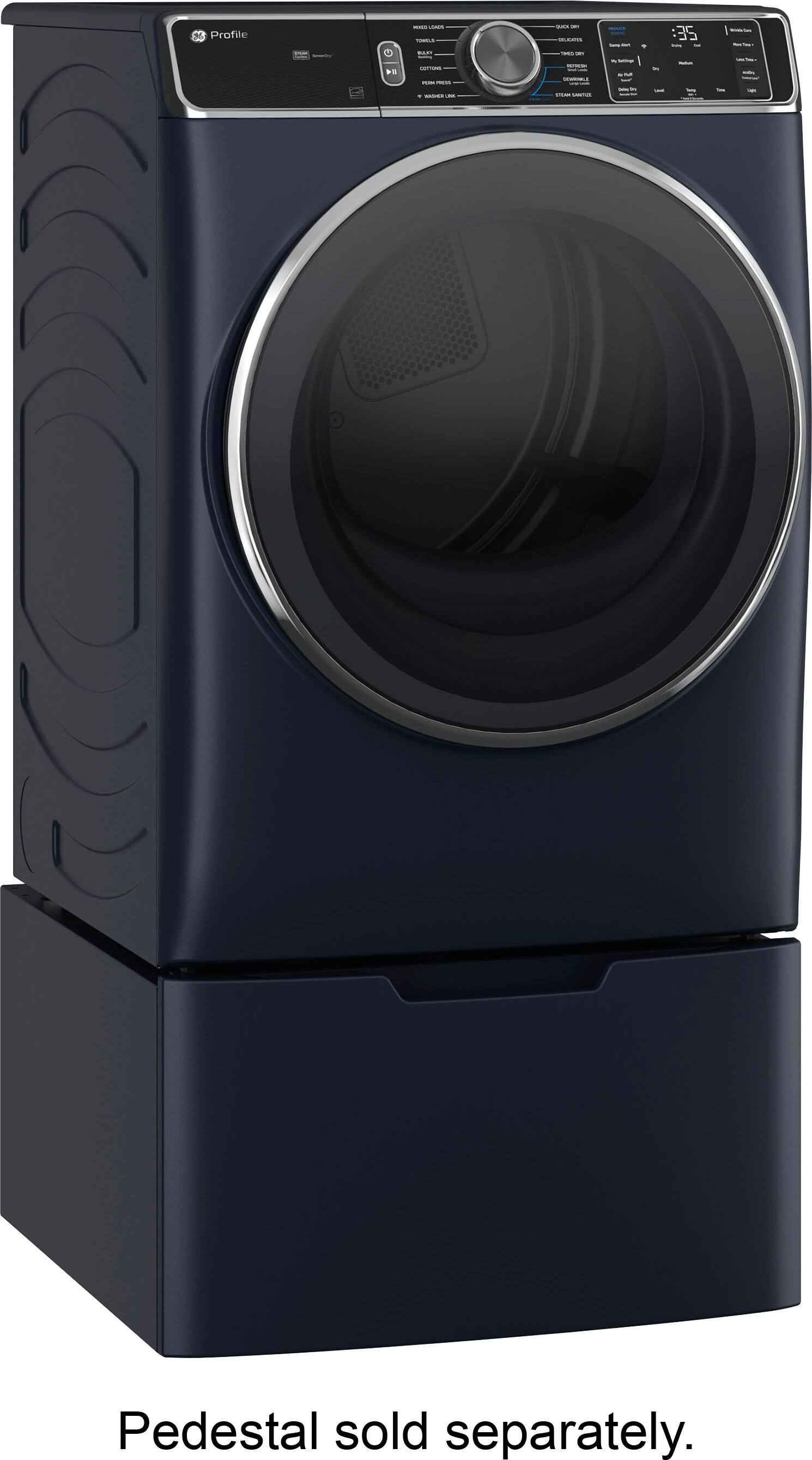 Angle. GE Profile - 7.8 Cu. Ft. Stackable Smart Electric Dryer with Steam and Washer Link - Sapphire Blue.