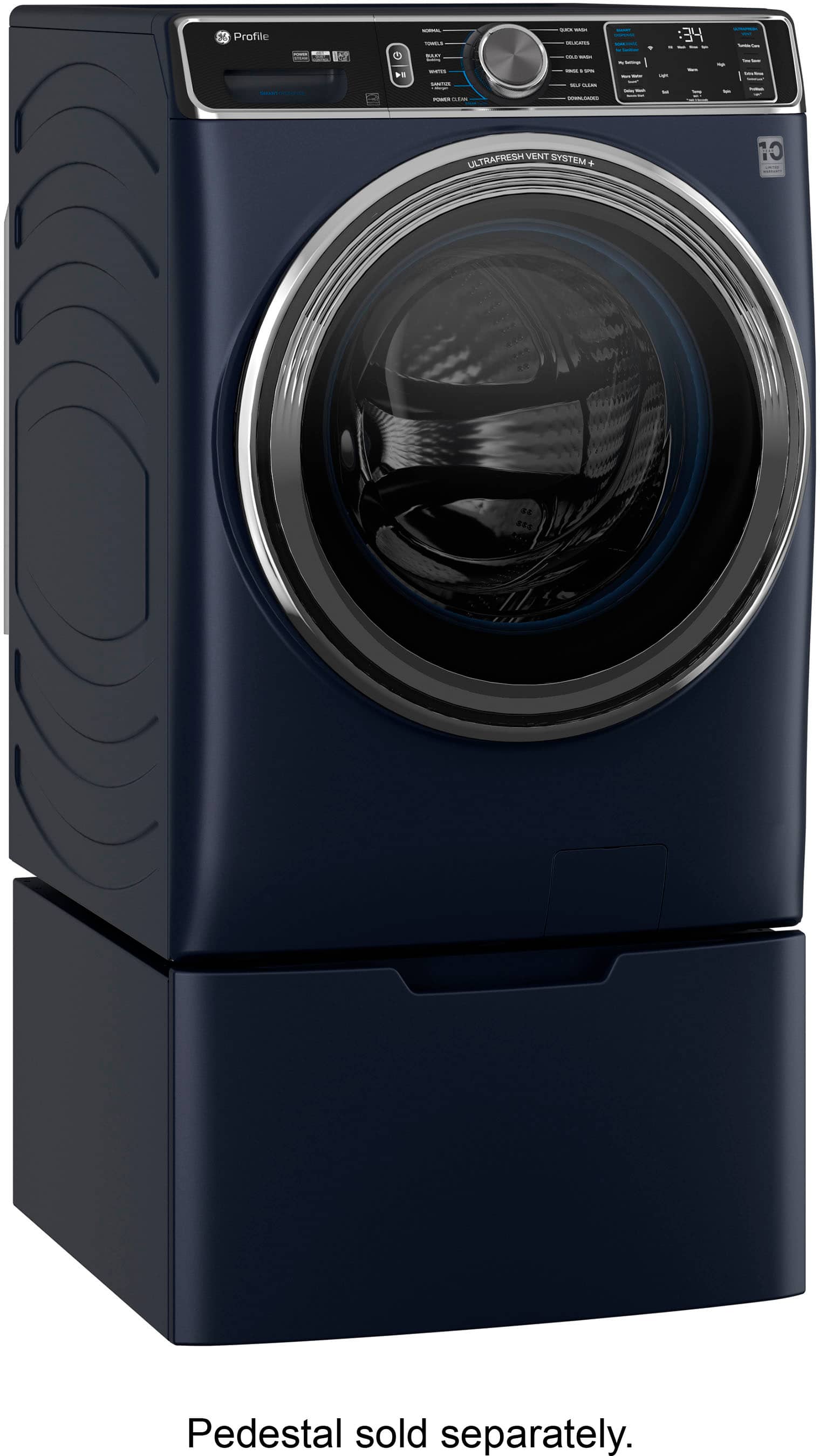 Angle. GE Profile - 5.3 Cu. Ft. Stackable Smart Front Load Washer with Steam and UltraFresh Vent System+ With OdorBlock - Sapphire Blue.